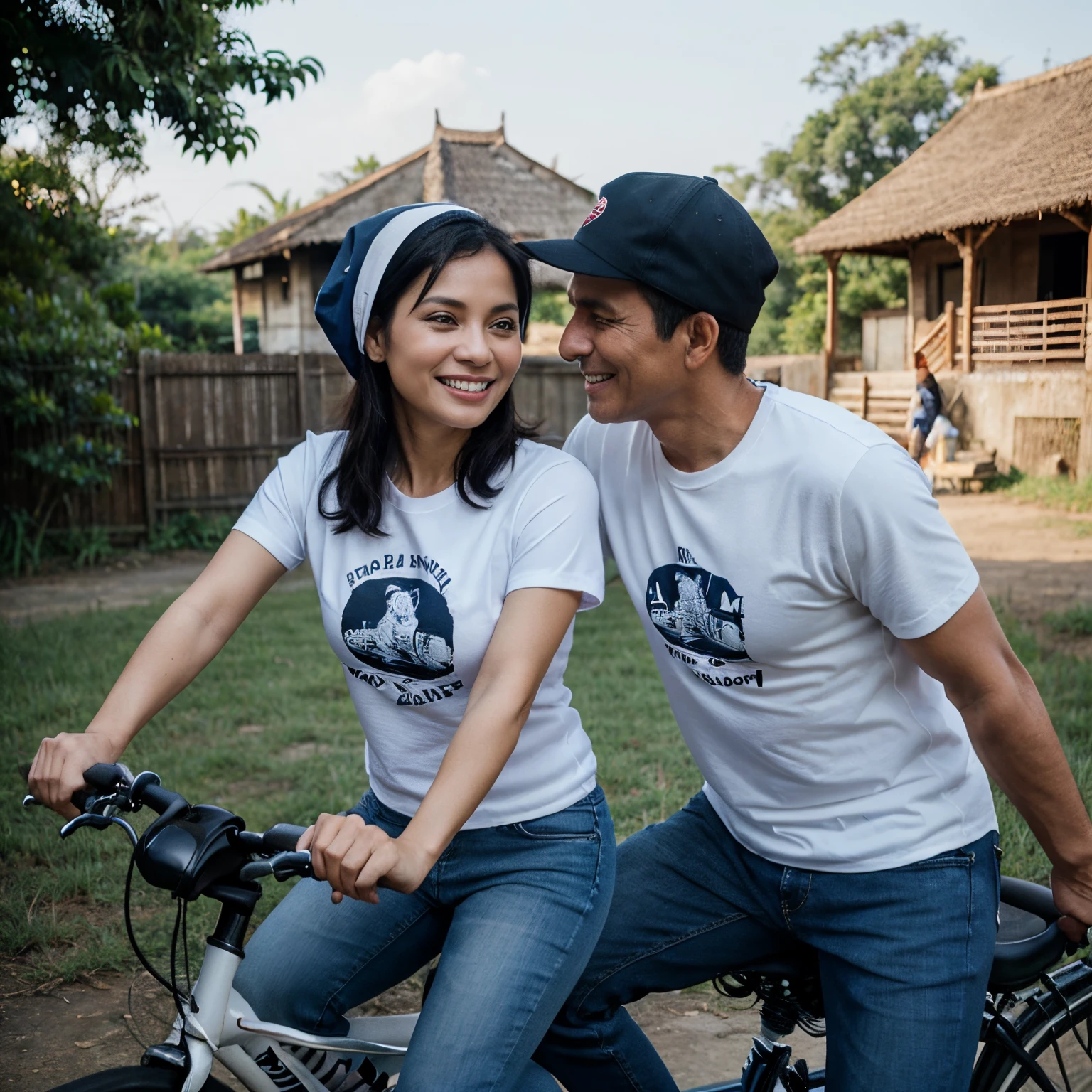 Caricature of a husband and wife riding a bicycle, romantic. Husband, 50 years old, short black hair, wearing a dark blue t-shirt, black jeans, white hat, sports shoes. Beautiful smiling wife, 45 years old, wearing a red hijab, white bone t-shirt, dark blue jeans. Indonesian rural background. Realistic 4D.