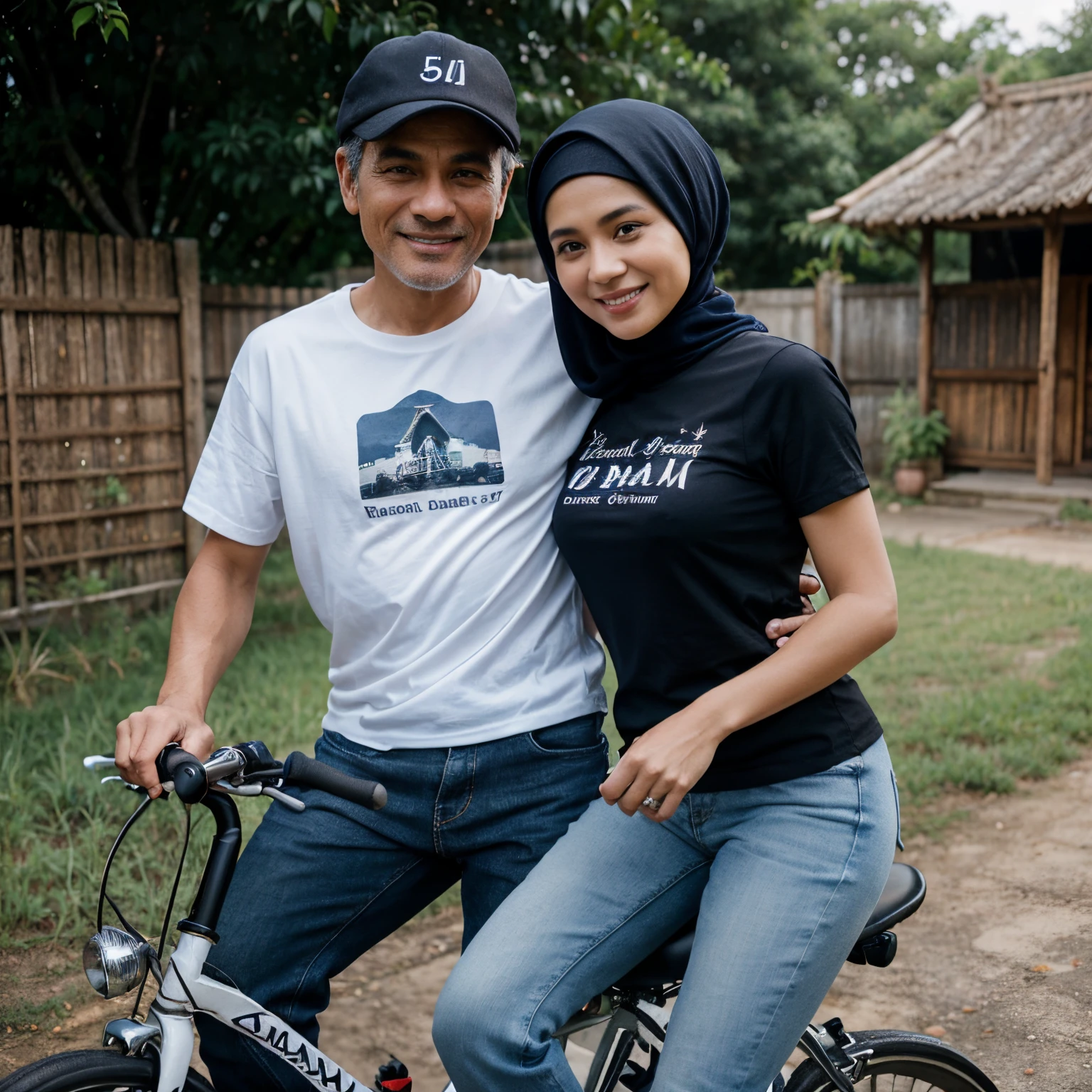 Caricature of a husband and wife riding a bicycle, romantic. Husband, 50 years old, short black hair, wearing a dark blue t-shirt, black jeans, white hat, sports shoes. Beautiful smiling wife, 45 years old, wearing a red hijab, white bone t-shirt, dark blue jeans. Indonesian rural background. Realistic 4D.