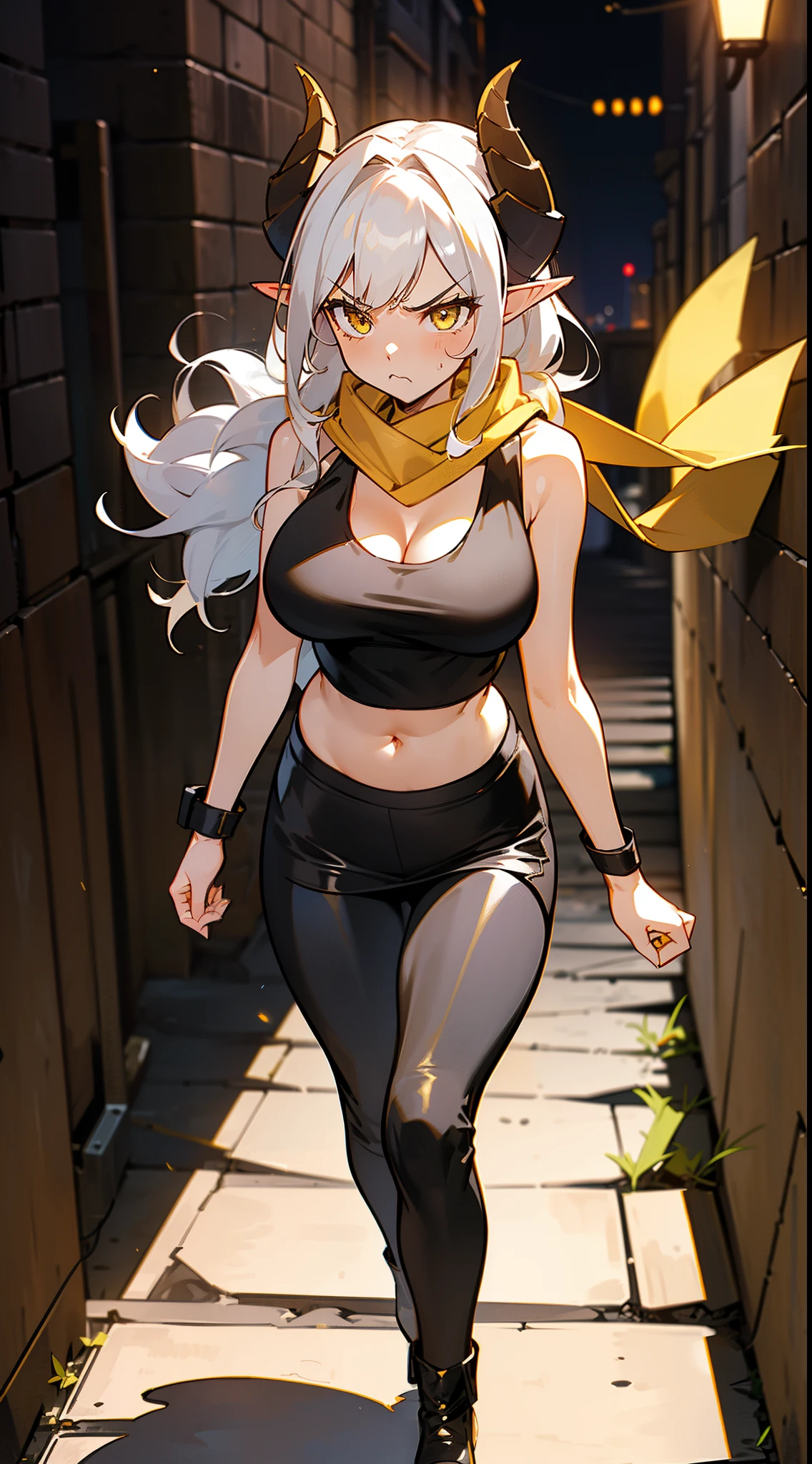 1girl,long hair, white hair,curly hair,yellow eyes,(angry face), medium boobs,show belly,cleavage,horns,elf ears,((yellow scarf)),(((walking in an alley of a city at night,night))),cowboy shot,from front,(black tank top,black pencil skirt,black leather pants),