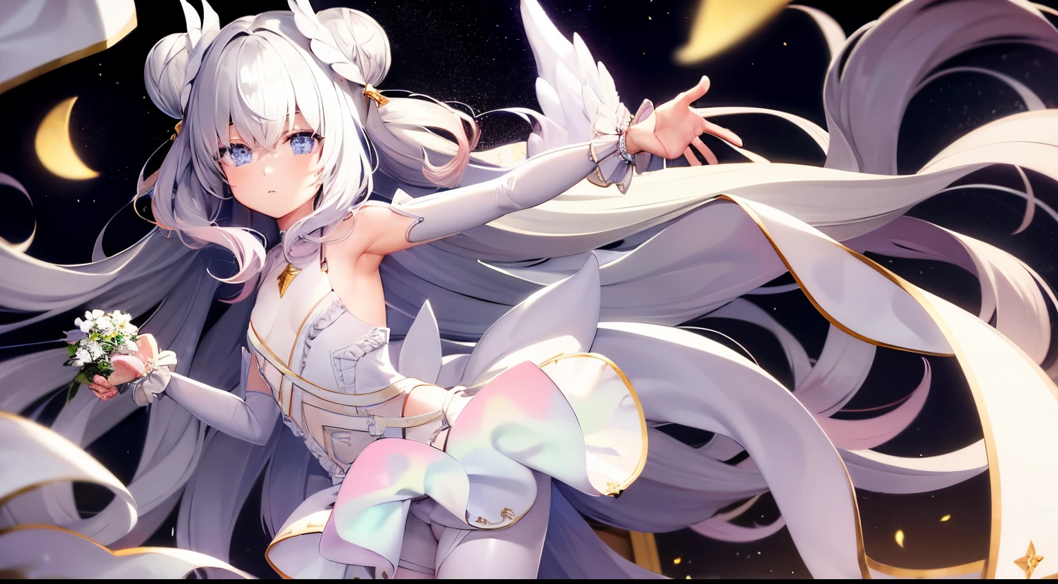 le malin holding a flower in Garden, sun shining detailed eyes, detailed face, whithe _dress, solo, double bun, blue eyes, very long hair, hair bun, angel_wings, white_legwear, bright at night, volumetric lighting, flat lighting, photo, oil painting, beautiful, extremely detailed, HD, white dress clothing cutout white pantyhose skirt bow wrist cuffs frills wings