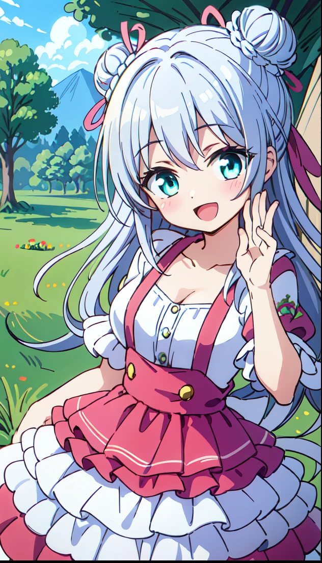 (masutepiece, Best Quality, Perfect Anatomy, High quality:1.4), absurderes, absolutely resolution, unbelievable Ridiculous, hight resolution, ultra-detailliert, Official art, Unity 8k壁纸, Kinetic typography,nice hand, Perfect hands, Detailed beautiful hands, Large_filesize, fulcolor, hight resolution, symmetric, exceptional, Best aesthetic, newest, Anime, very beautiful detailed body,The hair,faces,The eye, , BREAK,
1 beautiful girl, 1girl in, (Cute:1.5),(Cool:0.8), (Beauty:1.5),(Chibi:0.5), (17 years old girl), (girl, Older sister, Unclear, Beautiful face of Japan:1.2) BREAK, (A detailed eye,Tsuriformes:1.2),(Silver hair,Long hair in a bun,Deco:1.8), star eye silhouette thick eyelashes, Double eyelids:1.2), cleavage, ,Swaying udder, Clear skin, Beautiful skin, Shy, Erect ,Clear skin, Beautiful skin, Shy, gleaming skin,(best quality face),(Top quality glowing eyes),(The best smile,:D:1.45), (The best smile,:D:1.45),
BREAK (white and light green theme:1.4), ((Gothic lolita, classic and cute fashion):1.2), (Light green classic bonnet on the head:1.4), (Fusion of light green jumper skirt and white blouse:1.5), (lightgreen (overall skirt, jumper skirt) With white frills:1.4), (A large light green ribbon ribbon on the skirt:1.4), ((Short sleeves, Bishop Sleeve):1.3), (crinoline:1.2), (Oversized multilayer skirt with ruffles:1.3), (White pantyhose:1.2), (Place multi-layered white ruffles on the front of the skirt。:1.3),
BREAK (Detailed embroidery on pink skirt:1.4), (lowfers:1.1),
Break Sitting, knees up,
Outdoors, day, Blue sky, cumulonimbus clouds, Sunlight, Flowers, garden, forest, Soto, Trees, Wind, Windy, Nature, tussock, (camping:1.4),depth of fields,
BREAK,wakame,wakame,wakame,(Dynamic Poses, Dynamic Angle, close-up, Cowboy Shot, Cowboy Shot:1.4),
BREAK,(Blurry background:1.3),(absurderes, hight resolution, Super Detail Art),cel shading,Clear Color, Lonely optical effect, Beautiful pictures, Bright glow, mystic atmosphere,(Close-up of girl:1.1), Mystical light particle effect,manga influence, clean line drawings,
nice hand, Perfect hands,