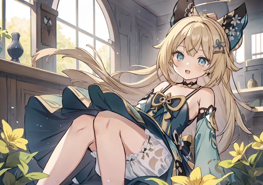 Blonde anime girl with long hair sitting in a room with flowers, splash ink art anime ****, **** in dress, Popular topics on artstation pixiv, Kushatkrenz Important Women in the Arts, Cute anime waifu wearing nice clothes, Detailed key animation art, Curvy little ****, shadow poetry style, from girls, translucent liquid from《Azure route》videogame