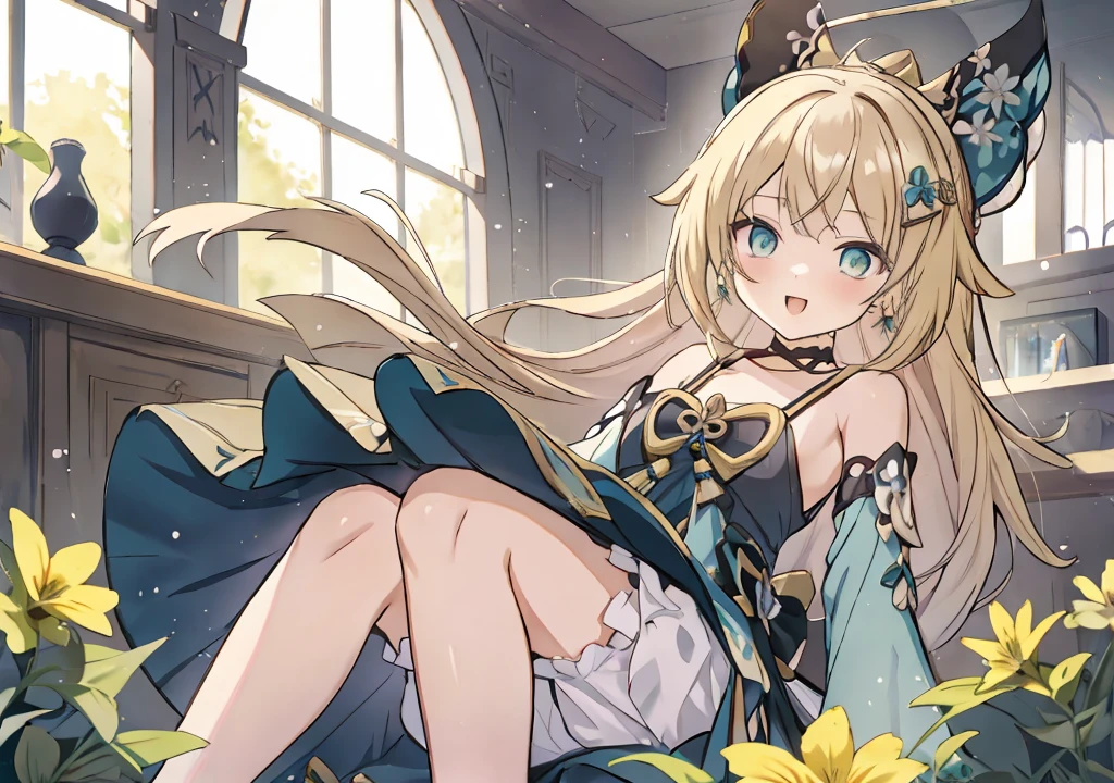 Blonde anime girl with long hair sitting in a room with flowers, splash ink art anime ****, **** in dress, Popular topics on artstation pixiv, Kushatkrenz Important Women in the Arts, Cute anime waifu wearing nice clothes, Detailed key animation art, Curvy little ****, shadow poetry style, from girls, translucent liquid from《Azure route》videogame