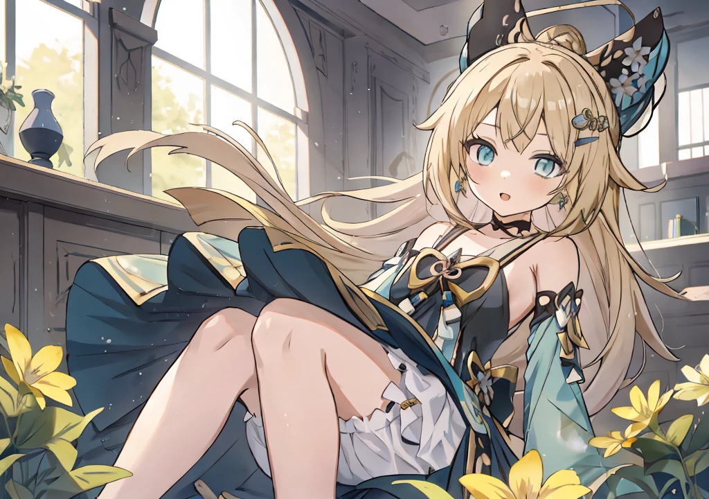 Blonde anime girl with long hair sitting in a room with flowers, splash ink art anime ****, **** in dress, Popular topics on artstation pixiv, Kushatkrenz Important Women in the Arts, Cute anime waifu wearing nice clothes, Detailed key animation art, Curvy little ****, shadow poetry style, from girls, translucent liquid from《Azure route》videogame