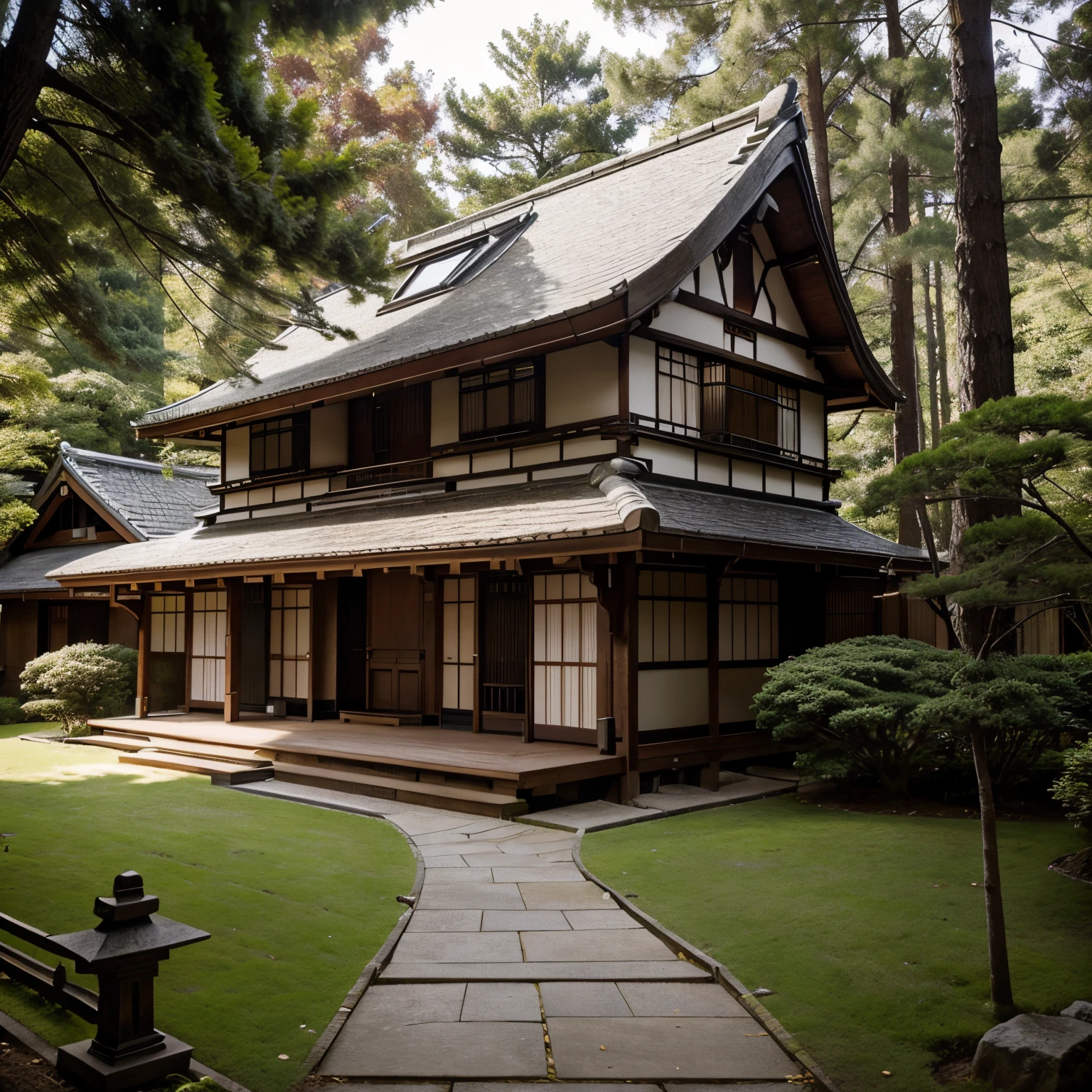 Japanese style homes with a touch of Tudor style architecture. In the forest. That looks real.