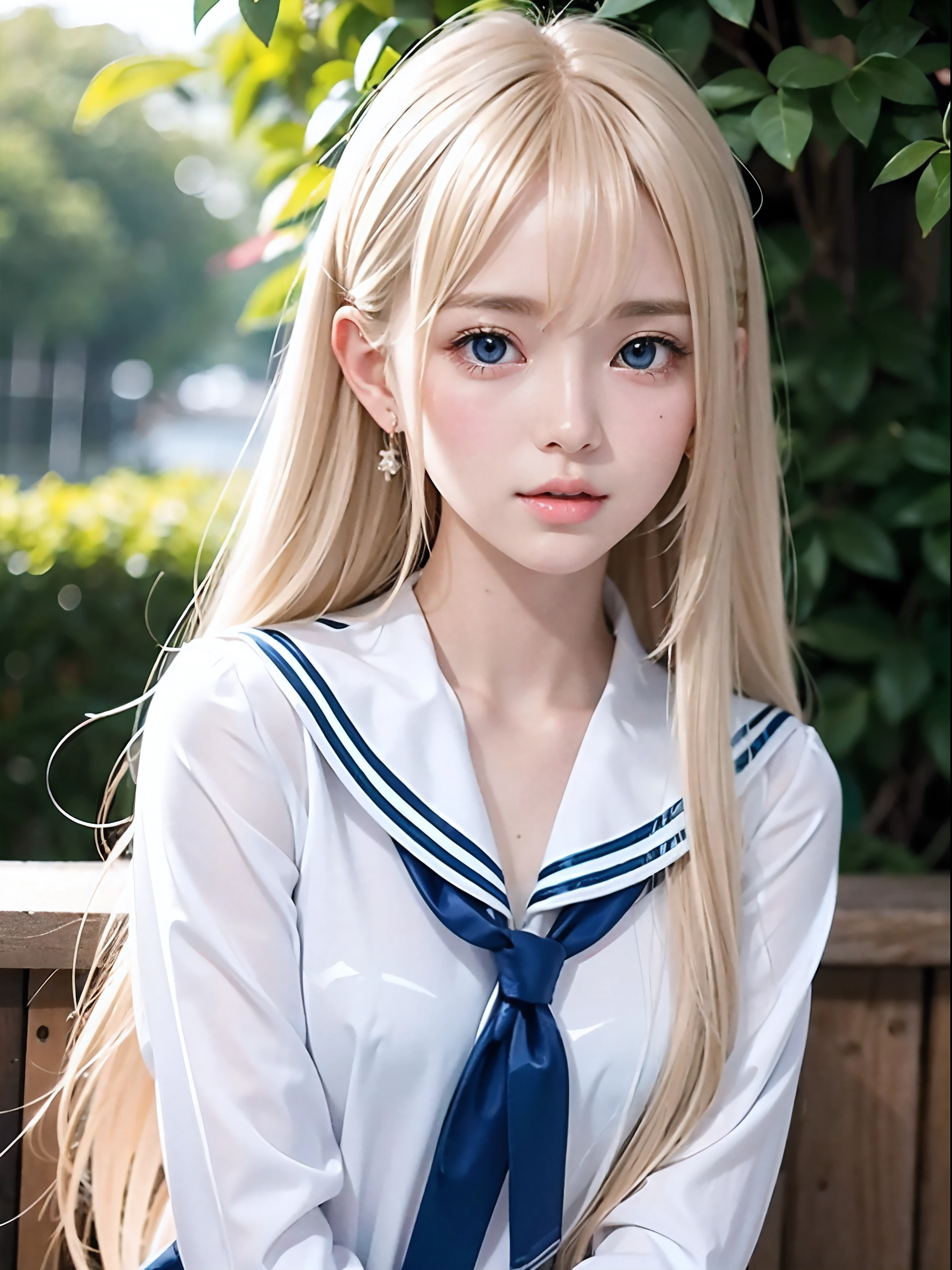 Sexy and very beautiful shiny cute face、Beautiful skin that shines and shines、Ultimate cuteness、Beautiful, cute and sexy pale sky blue eyes、Very beautiful, very long shiny soft blonde hair、Swinging your bangs in front of your face、Sexy 18 year old cute beautiful girl、small face beauty、Ultimate beauty、School Uniform、sailor suit、White and beautiful skin、Glossy skin、glossy teak、Long blonde hair sticks to her face and body.、