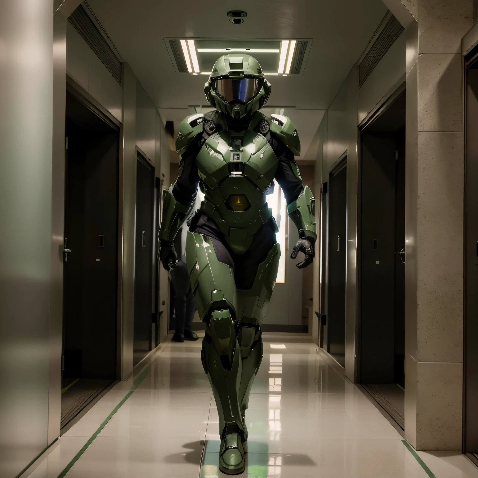 imagem arafada de um homem de terno andando por um corredor, Armadura Mjolnir de Halo Infinite, usando armadura verde e capacete, clothed in sci-fi military armor, Chefe Mestre, Master Chief em Cyberpunk City, Chefe Mestre Halo, armadura verde, Master Chief de Halo, Adam Driver como Master Chief, sci - terno fi, science fiction suit