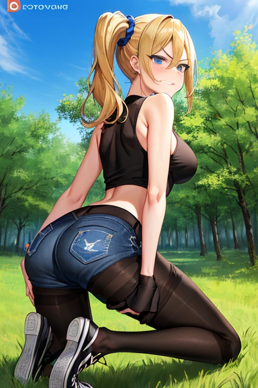 masterpiece, best quality, AiHayasakaV4, 1girl, solo, breasts, blush, blue eyes, blonde hair, hair ornament, hair between eyes, nail polish, side ponytail, scrunchie, hair scrunchie, blue nails, blue scrunchie, ((slim body)),((slim legs)),((slim thighedium breasts)), ((kneeling:1.4)), ((forest background)), ((angry face)), ((looking back)), ((black pantyhose:1.4)), ((black converse shoes)), ((short jeans)), ((black tank logo)),