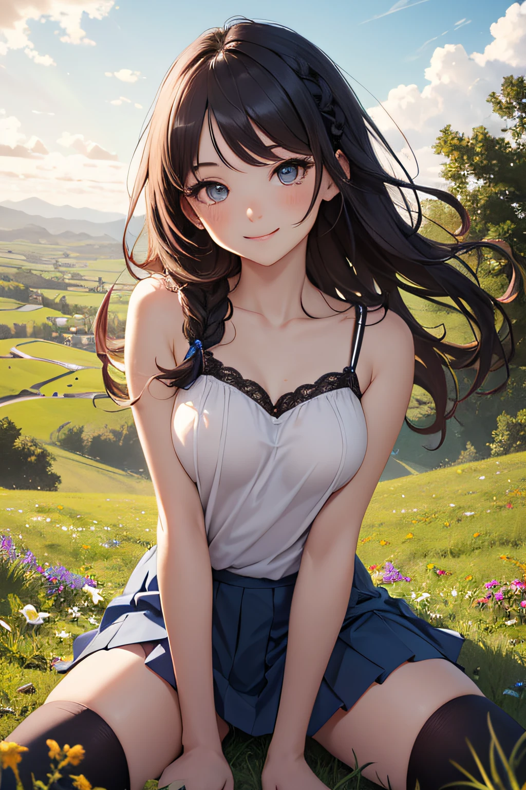 Very cute and beautiful girl,(very detailed beautiful face and eyes:1.2),(Smile),Happy,Looking at Viewer,
White camisole,(Cowboy Shot),Sitting,Spread legs,zettai ryouiki,Beautiful legs,(Blue pleated mini skirt),
countryside,grassy fields,On the hill,Small multicolored flowers,Dynamic Angle,Black hair,twin braids,
(Best Quality,masutepiece:1.2),Intricate details,Ultra-detailed,hight resolution,(1 girl,Solo:1.2),
Natural lighting,Hair fluttering in the wind,Beautiful detailed sky,