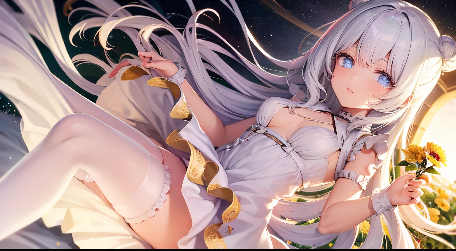 le malin holding a flower in Garden, sun shining detailed eyes, detailed face, whithe _dress, solo, double bun, blue eyes, very long hair, hair bun, angel_wings, white_legwear, bright at night, volumetric lighting, flat lighting, photo, oil painting, beautiful, extremely detailed, HD, white dress clothing cutout white pantyhose skirt bow wrist cuffs frills wings