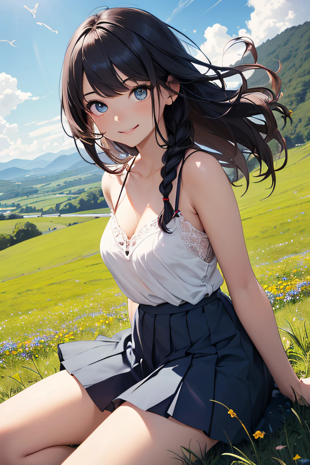 Very cute and beautiful girl,(very detailed beautiful face and eyes:1.2),(Smile),Happy,Looking at Viewer,
White camisole,(Cowboy Shot),Sitting,Spread legs,zettai ryouiki,Beautiful legs,(Blue pleated mini skirt),
countryside,grassy fields,On the hill,Small multicolored flowers,Dynamic Angle,Black hair,twin braids,
(Best Quality,masutepiece:1.2),Intricate details,Ultra-detailed,hight resolution,(1 girl,Solo:1.2),
Natural lighting,Hair fluttering in the wind,Beautiful detailed sky,
