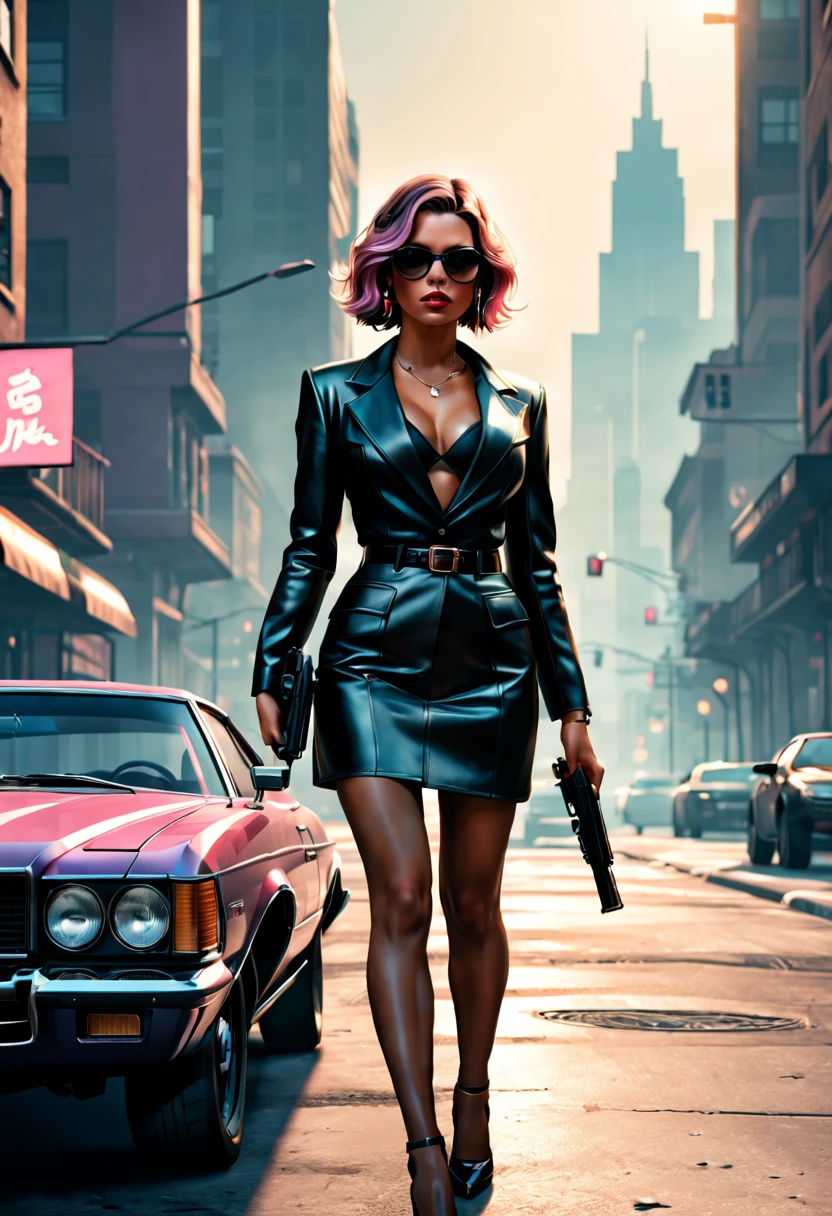 GTA style,grand theft auto ,heroines,Stylish accessories、(shotgun)、The Car,Future city streets,retro artstyle,shadows and highlights,hight contrast,crime and danger、Tension and suspense、avant-garde and ralowing reflections、glomy、evocative composition。(best quality,4k,8k,highres,masterpiece:1.2),ultra-detailed,(realistic,photorealistic,photo-realistic:1.37),(rose tattoo)。
