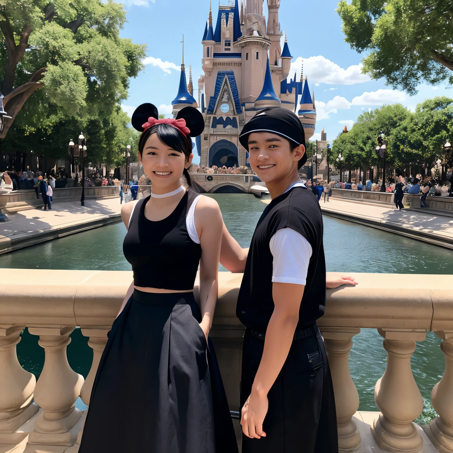 Pixar photos。I have a girl and a boy。In front of Cinderella's Castle。The boy wears black clothes and black pants。The girl wears a black vest over black clothes、long  skirt。Boys have Mickey headbands。Girls wear Minnie headbands