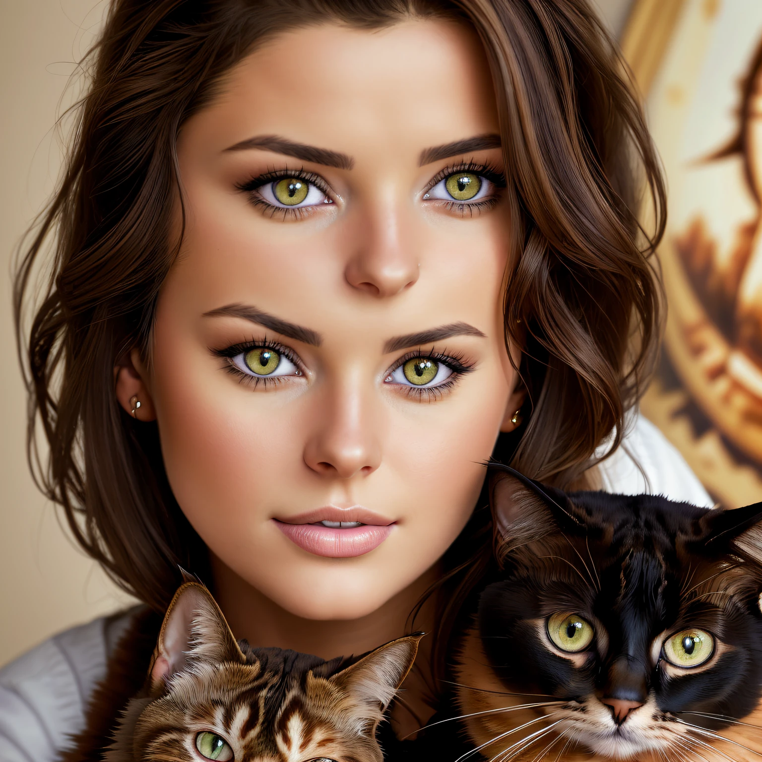 portrait of ((one beautiful brunette woman)) (((holding hazel eyed cat))) ((gazing straight at camera)) (masterpiece: 1.5) (photorealistic: 1.1) (best quality) (detailed: 1.1) (intricate) (8k) (HDR) (wallpaper) (cinematic lighting) (sharp focus)