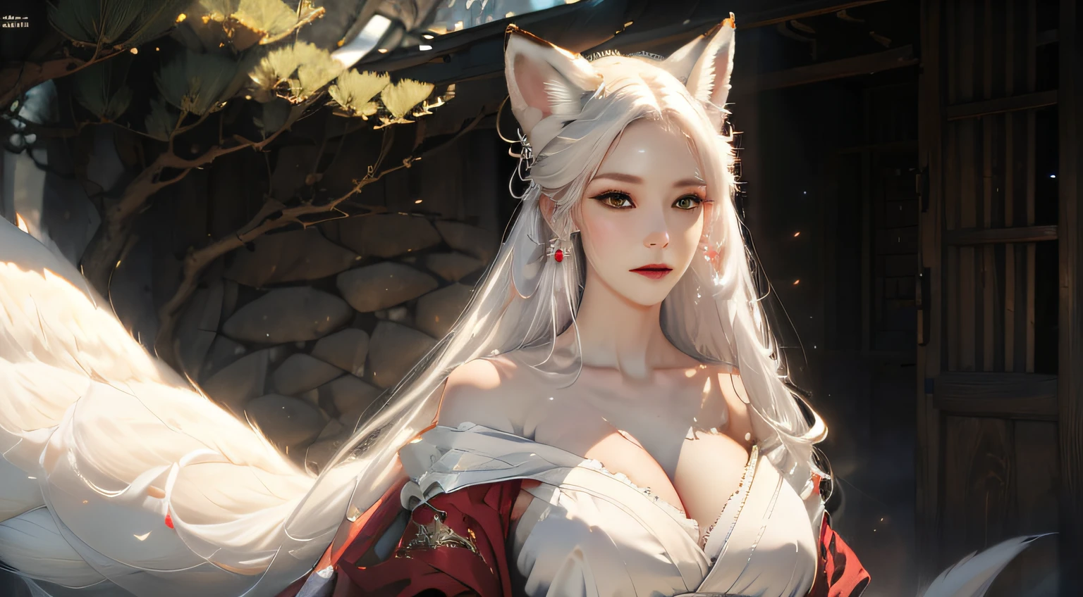 White-haired kitsune with fox ears in medieval clothes, huge big breasts visible, looking at the viewer, directly from the front, soft-lighting, hiquality, full length professional lighting, visible legs, s face, 가슴, Detailed Fantasy, Medieval times