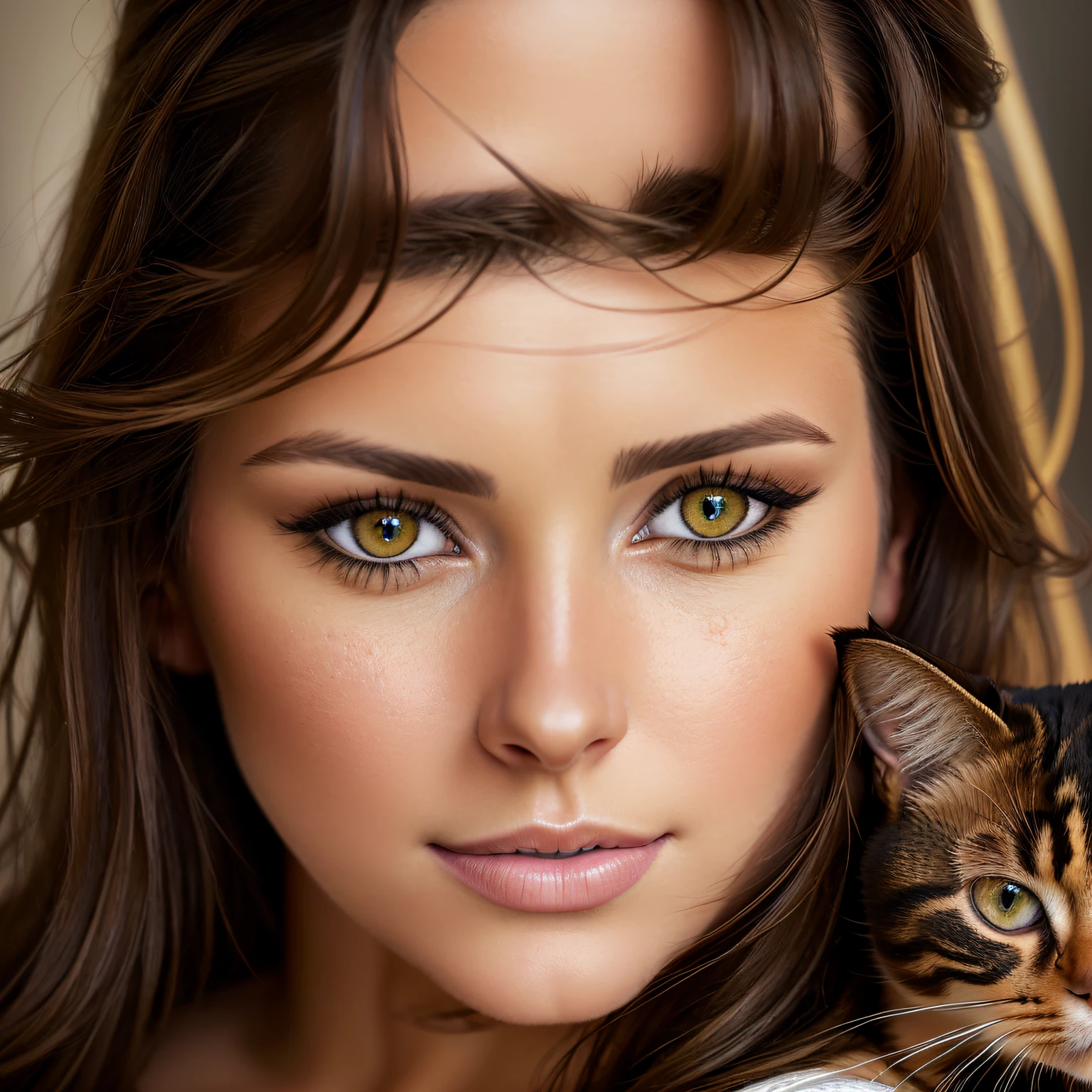 portrait of ((one beautiful brunette woman)) (((holding hazel eyed cat))) ((gazing straight at camera)) (masterpiece: 1.5) (photorealistic: 1.1) (best quality) (detailed: 1.1) (intricate) (8k) (HDR) (wallpaper) (cinematic lighting) (sharp focus)