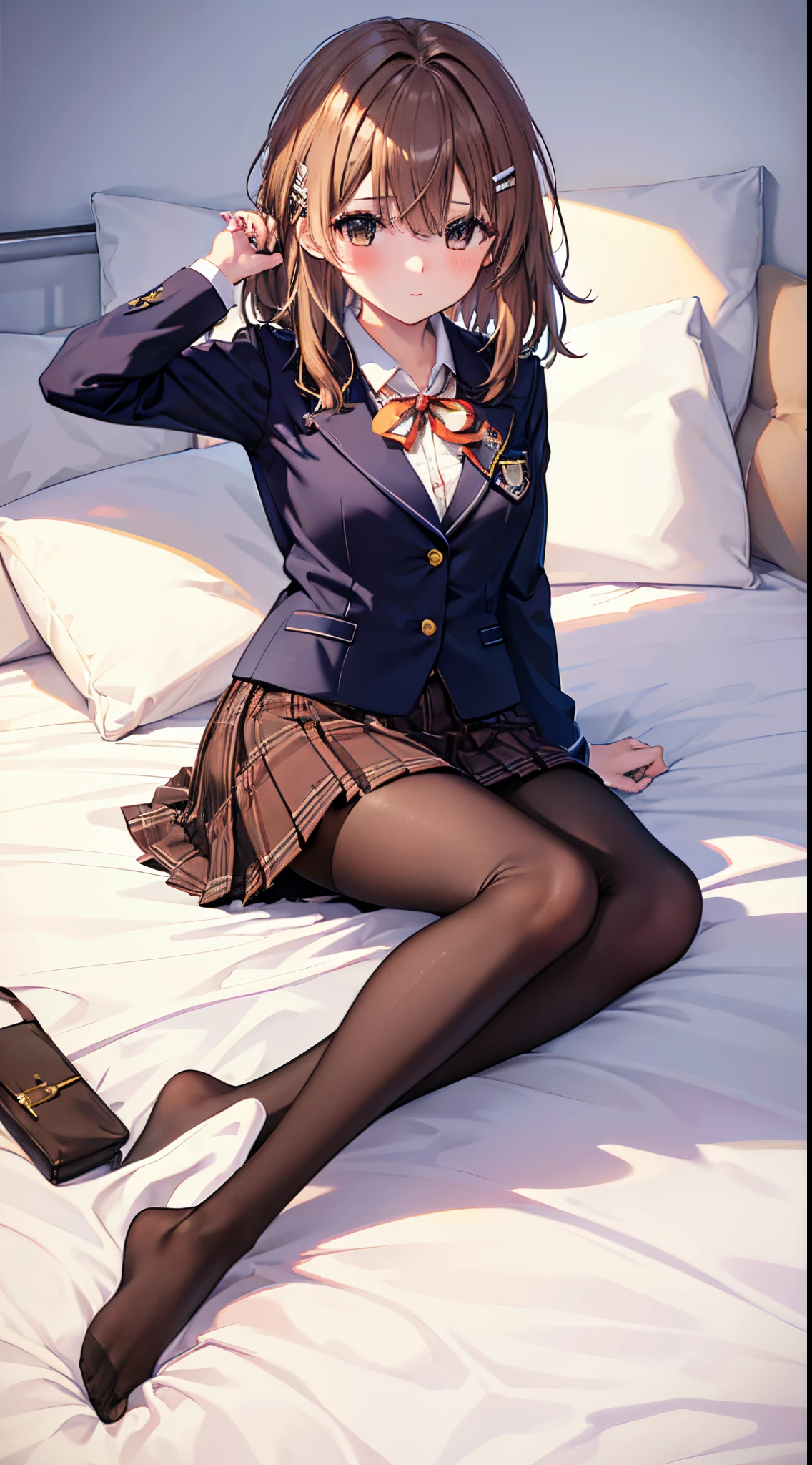 Top quality, masterpiece, insanely detailed, (Full body shot), front view, symmetry, Mature Japanese high school girl, alone, (Solo: 1.3), slender legs, whole body from head to toe, from above, sitting, M-shaped legs, staring at the viewer: 1.3), small breasts, (black pantyhose): 1.2), white panties showing through the stockings, very beautiful 17 year old girl, no shoes, (Blush: 1.3), Shy big eyes, (Short (brown hairy part), (bangs), messy hair, (hair clip), lying on white sheets, looking at you: 1.3), looking at the camera, white panties visible, white lingerie, high school uniform blazer, high school uniform white blouse, high school uniform blue ribbon, high school uniform plaid and navy pleated skirt, Misaka Mikoto, brown very long hair, brown eyes