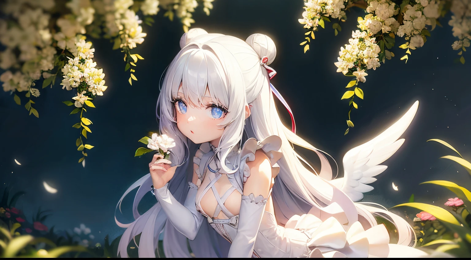 le malin holding a flower in garden, sun shining, detailed eyes, detailed face, white _dress, solo, double bun, blue eyes, very long hair, hair bun, angel_wings, white_legwear, bright at night, volumetric lighting, flat lighting, photo, oil painting, beautiful, extremely detailed, HD, 1girl, small breasts, solo,double bun,bow,white hair, long hair,sidelocks,blue eyes,symbol-shaped pupils,hair ribbon,ribbon,long sleeves,underboob cutout, white dress,pleated dress,thighband pantyhose,