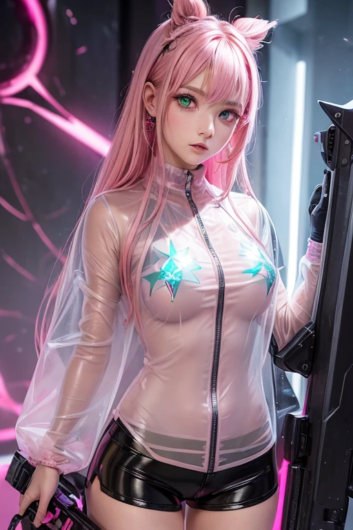 ((masutepiece))) Full body, Full body shot (One girl) ((Pink hair, Long hair, Straight hair, with two sides up))), ((Green eyes))), eyeshadows, eye line, Glow Eye, Hyper Detail Eye, Complex eyes, Beautiful eyes, Detailed eyes, (((star-shaped pupils, Glowing pink pupils))) a 18 year old girl. (Wearing a transparent jacket made of PVC material)) Huge cool weapon machine in hand, Huge cool weapon machine, mechs, mechanism, Machine, open stance, combine