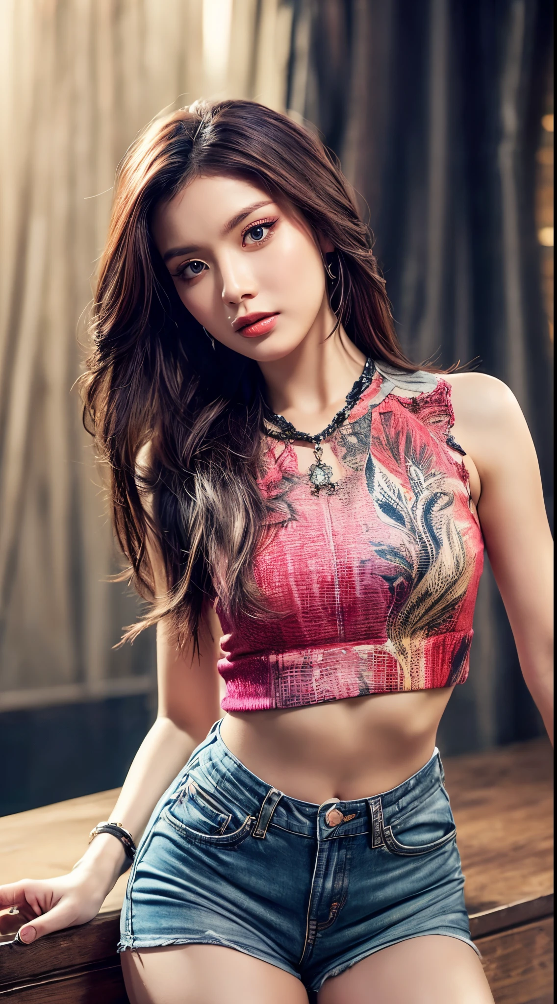 (Ultra-detailed eyes), (((textile shading))), (((Best Quality))), (((masterpiece))), (((Ultra-detailed CG))), sassy girl, (((magical ))), (Petite), (tiny chest), brown long hair without bangierce look hair style, long hair, gorgeous hair)), Pink eye, fierce girl, y2k))), ((striking a fierce pose)), (((Game CG)) (gorgeous, sassy, it girl), fancy jewelry, in weirdo base camp, printed Sleeveless Cropped Top, printed Short Pants Ride In, , atmosphere,4K, strong weirdo base camp atmosphere, cowboy shot, midshot, centered image, eye on camera, daylight, look at the viewer, upper image