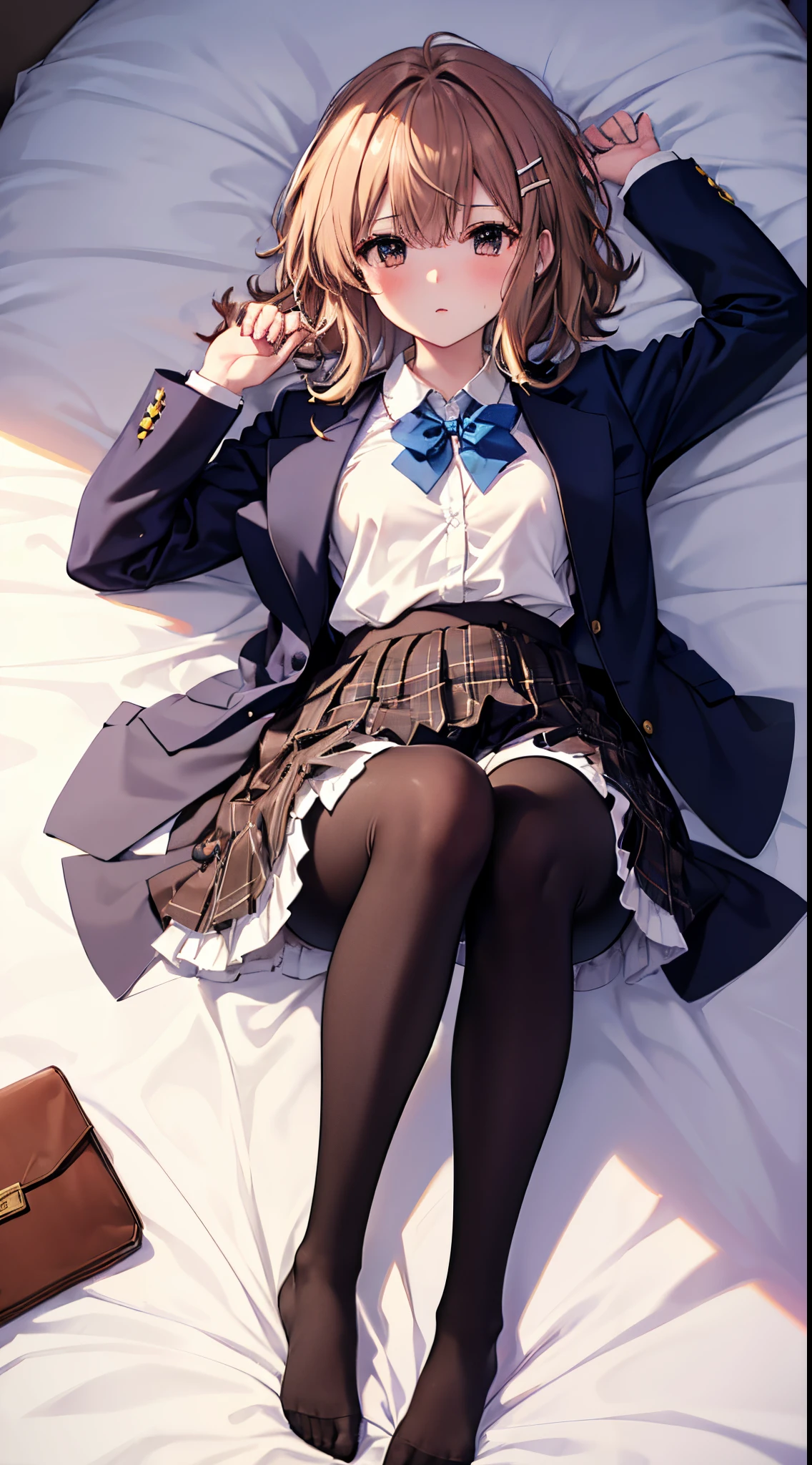 Top quality, masterpiece, insanely detailed, (Full body shot), front view, symmetry, Mature Japanese high school girl, alone, (Solo: 1.3), slender legs, whole body from head to toe, from above, sitting, M-shaped legs, staring at the viewer: 1.3), small breasts, (black pantyhose): 1.2), white panties showing through the stockings, very beautiful 17 year old girl, no shoes, (Blush: 1.3), Shy big eyes, (Short (brown hairy part), (bangs), messy hair, (hair clip), lying on white sheets, looking at you: 1.3), looking at the camera, white panties visible, white lingerie, high school uniform blazer, high school uniform white blouse, high school uniform blue ribbon, high school uniform plaid and navy pleated skirt, Misaka Mikoto, brown very long hair, brown eyes