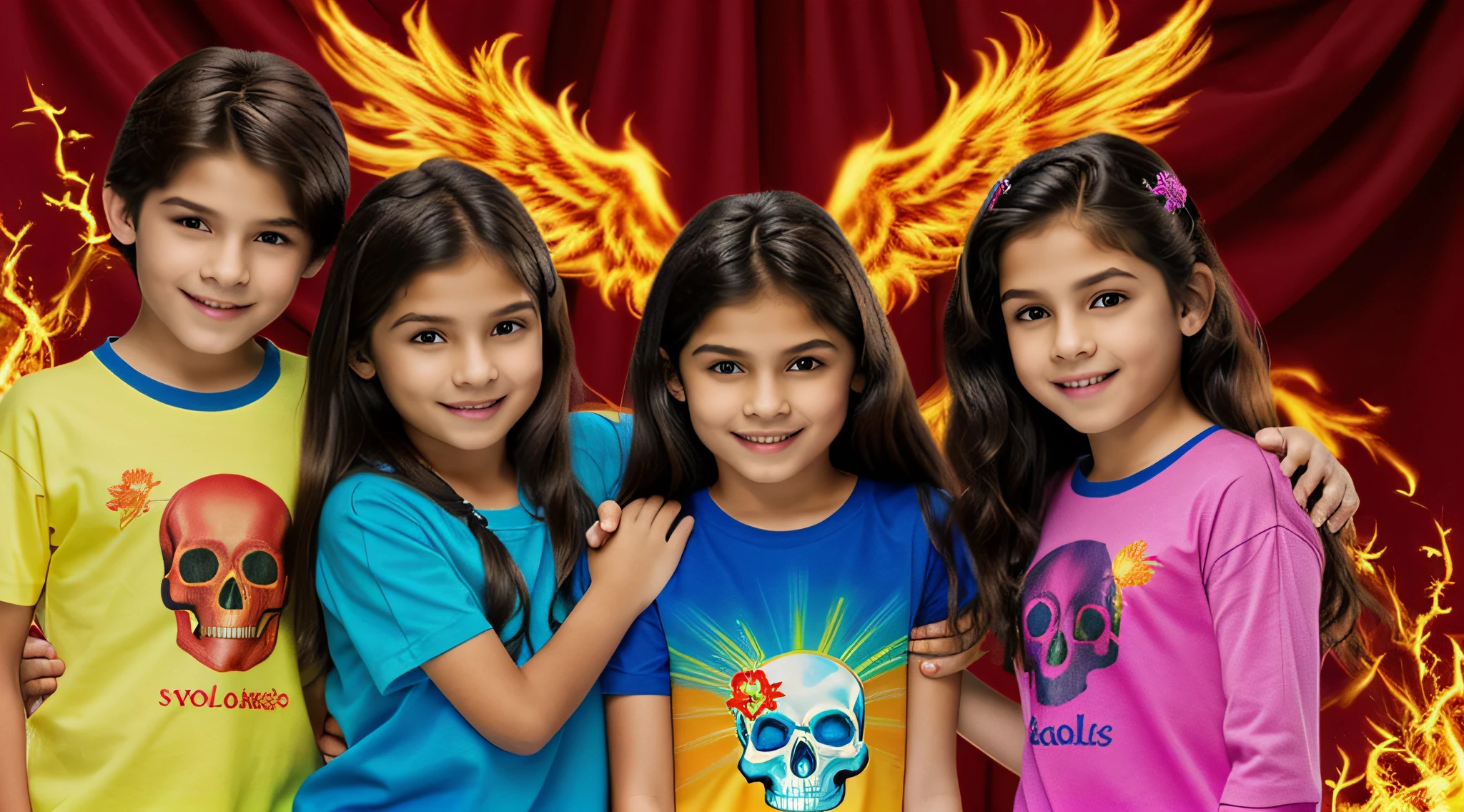 cabelo longo loiro infantil, there are three skulls with a phoenix