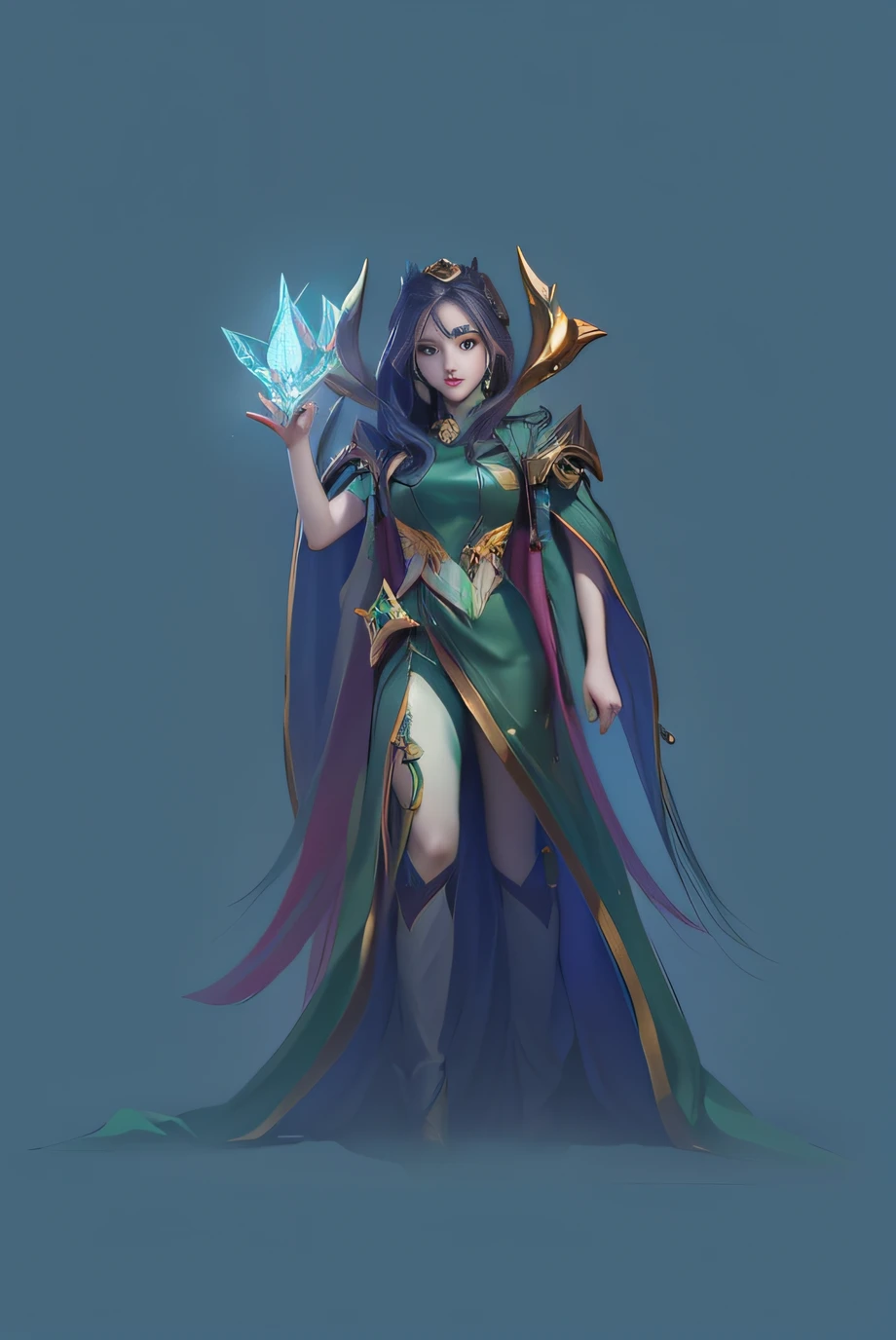 One green and gold、Close up of woman holding crystal, Imperial sister,Hero fantasy character concept, Drawn in mysterious style, style of league of legends,League of Legends Blade of Ionia girl character,Aurora elements,the detail。