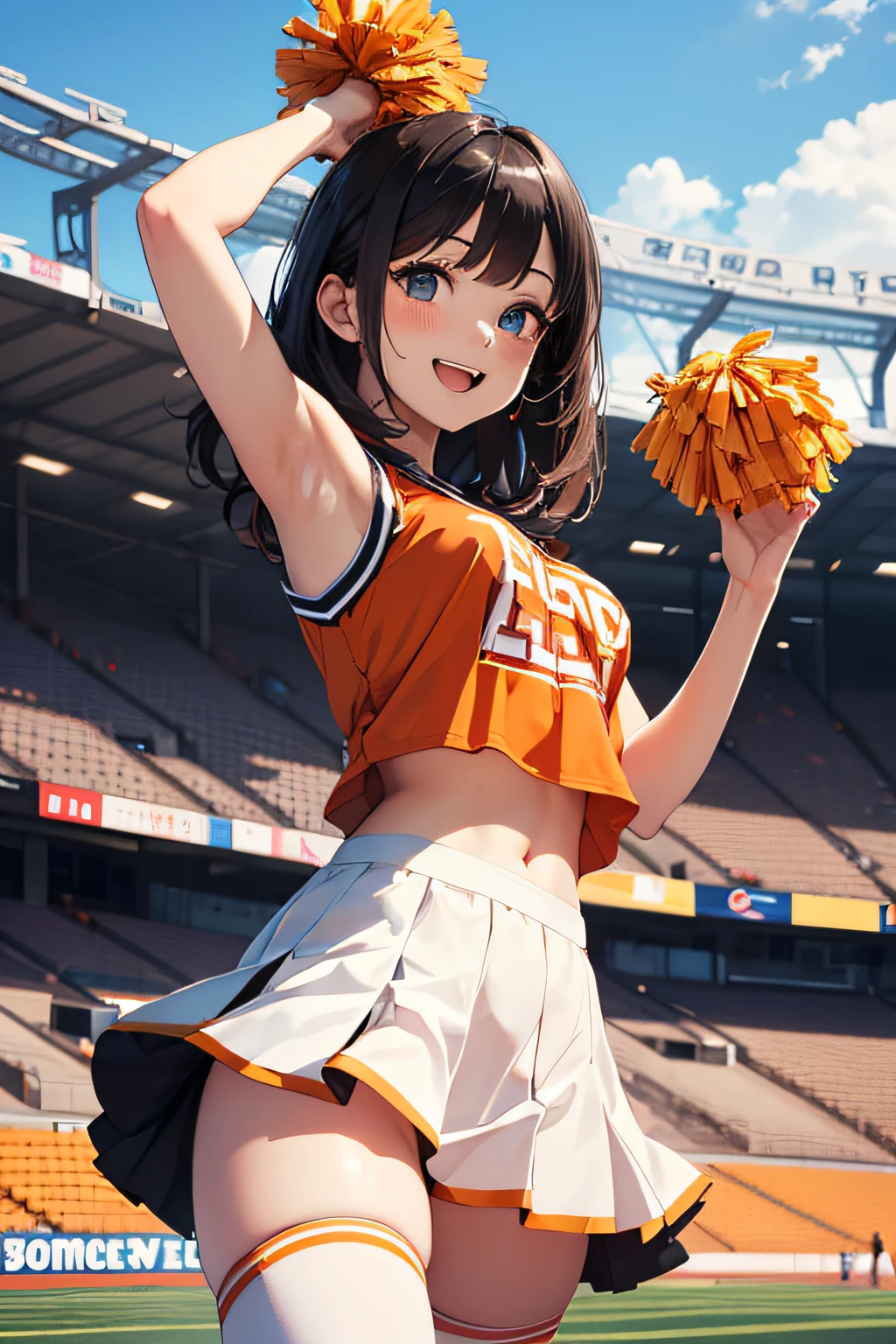 very cute and beautiful cheerleader girl,(very detailed beautiful face and eyes:1.2),(holding a pom pom:1.2),(Laugh),
(Stadium Stand),Cowboy Shot,Dynamic Pose,zettai ryouiki,(orange sleeveless shirt),Beautiful legs,Skirt lift,White panties,Dynamic Angle,Black hair,
(Best Quality,masutepiece:1.2),Intricate details,Ultra-detailed,hight resolution,1 girl,Looking at Viewer,
Natural lighting,Hair fluttering in the wind,Beautiful detailed sky,