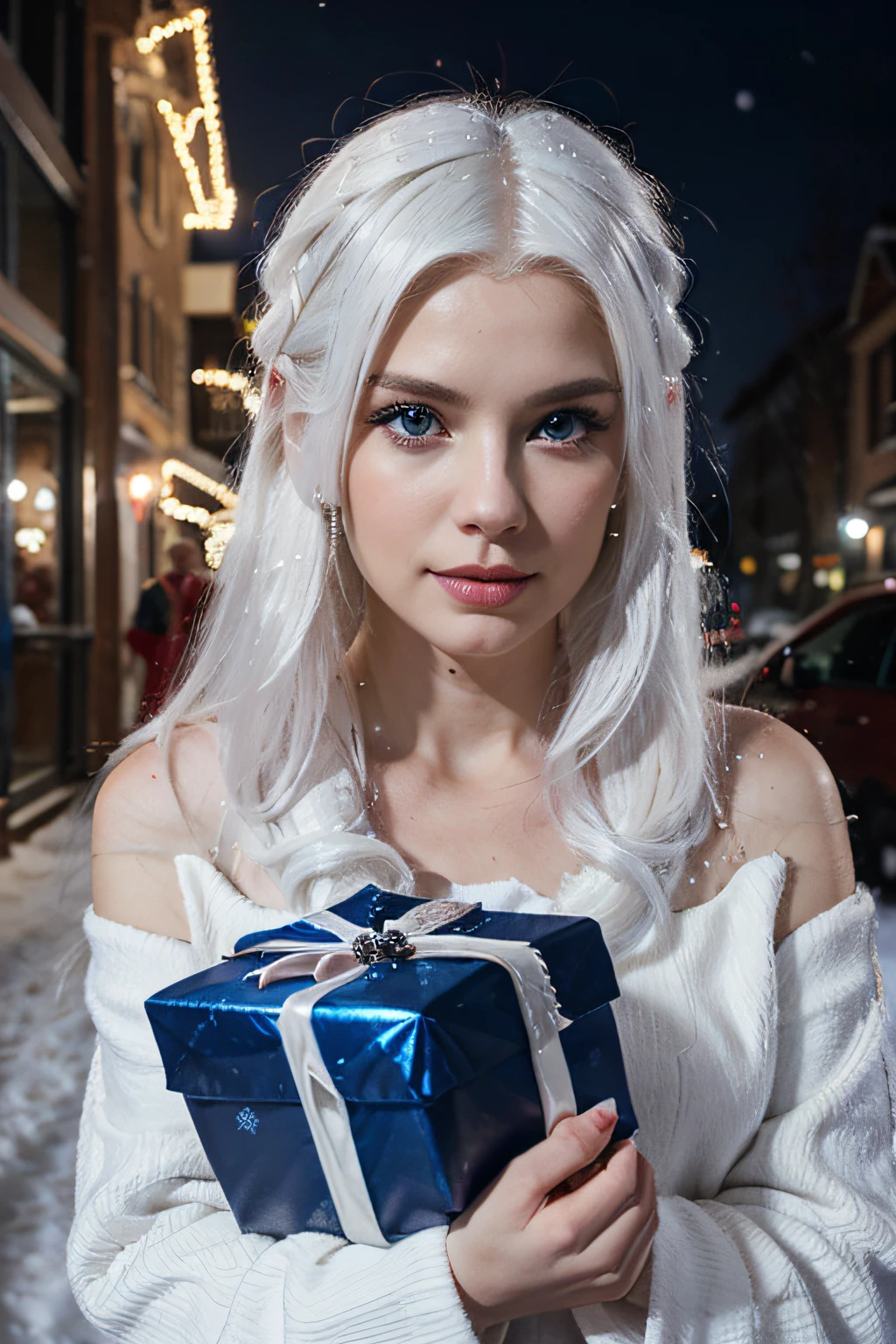 Woman with gray hair, blue eyes, Christmas, Gifts, Lights, ermine, snowing, the night