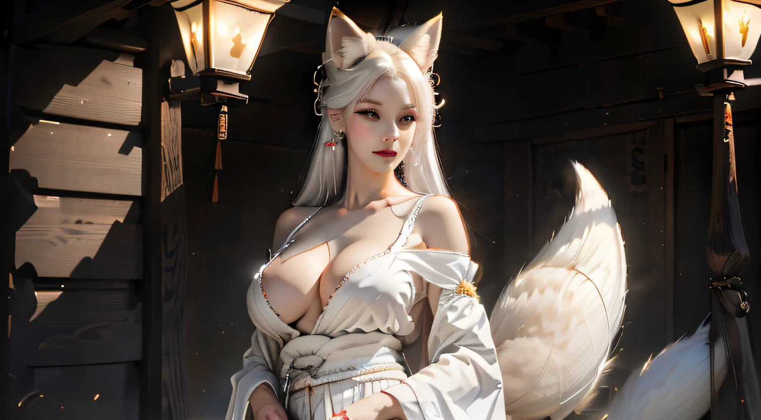 White-haired kitsune with fox ears in medieval clothes, huge big breasts visible, bare nipples visible, looks ??????, looking at the viewer, directly from the front, soft-lighting, hiquality, full length professional lighting, visible legs, s face, 가슴, Detailed Fantasy, Middle Ages hentai ???? erotica