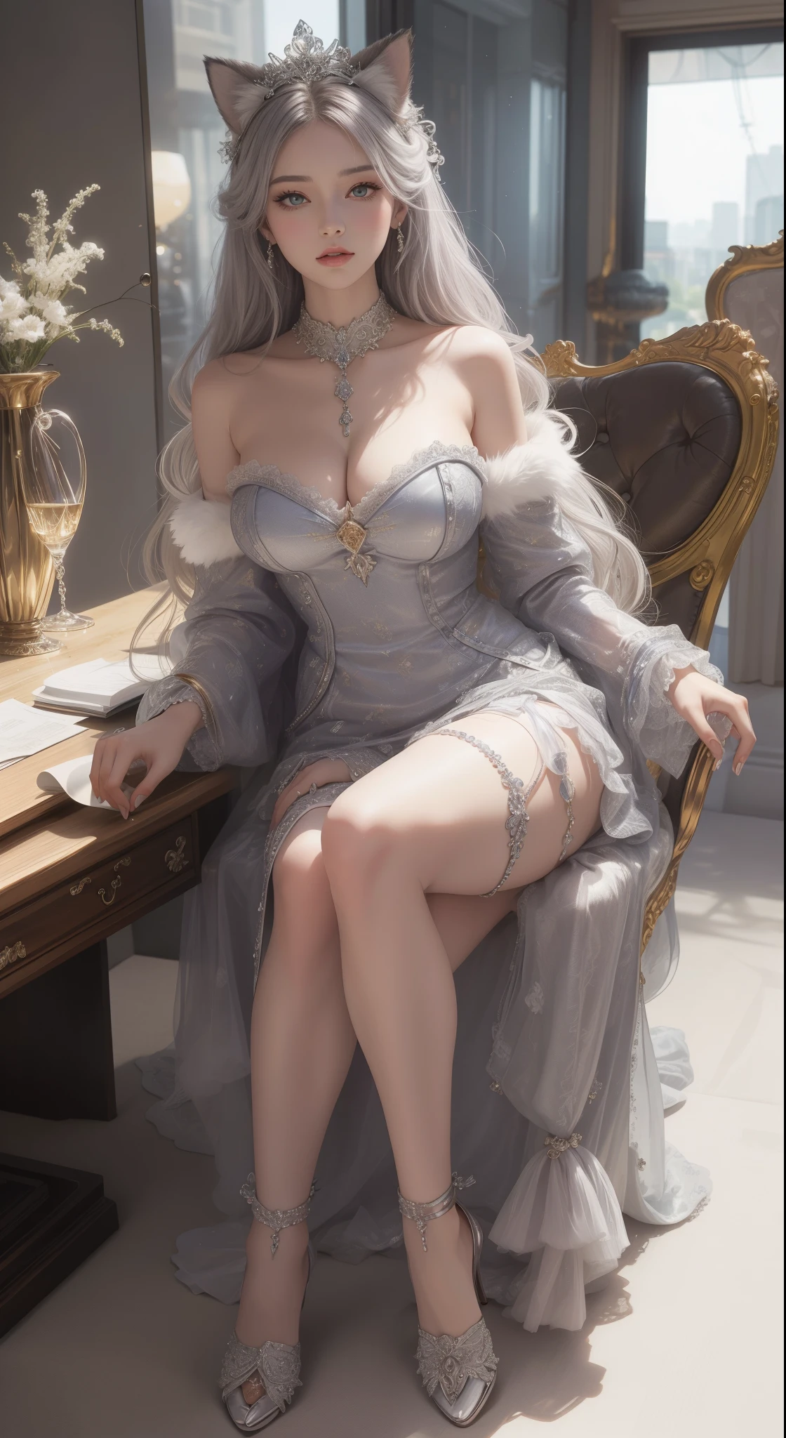 tmasterpiece,Highest image quality,Beautiful bust of the noble cat queen,cat ear,Cat tail delicate silver hairstyle,Clear golden eyes,A dazzling array of intricate jewelery adorns the chunky, Plush clothes。Plush clothing,Leather heels,Ultra-detailed details,advanced。At the Pixiv Art Station,Break your own power,,The kinky exposed,R-18G
