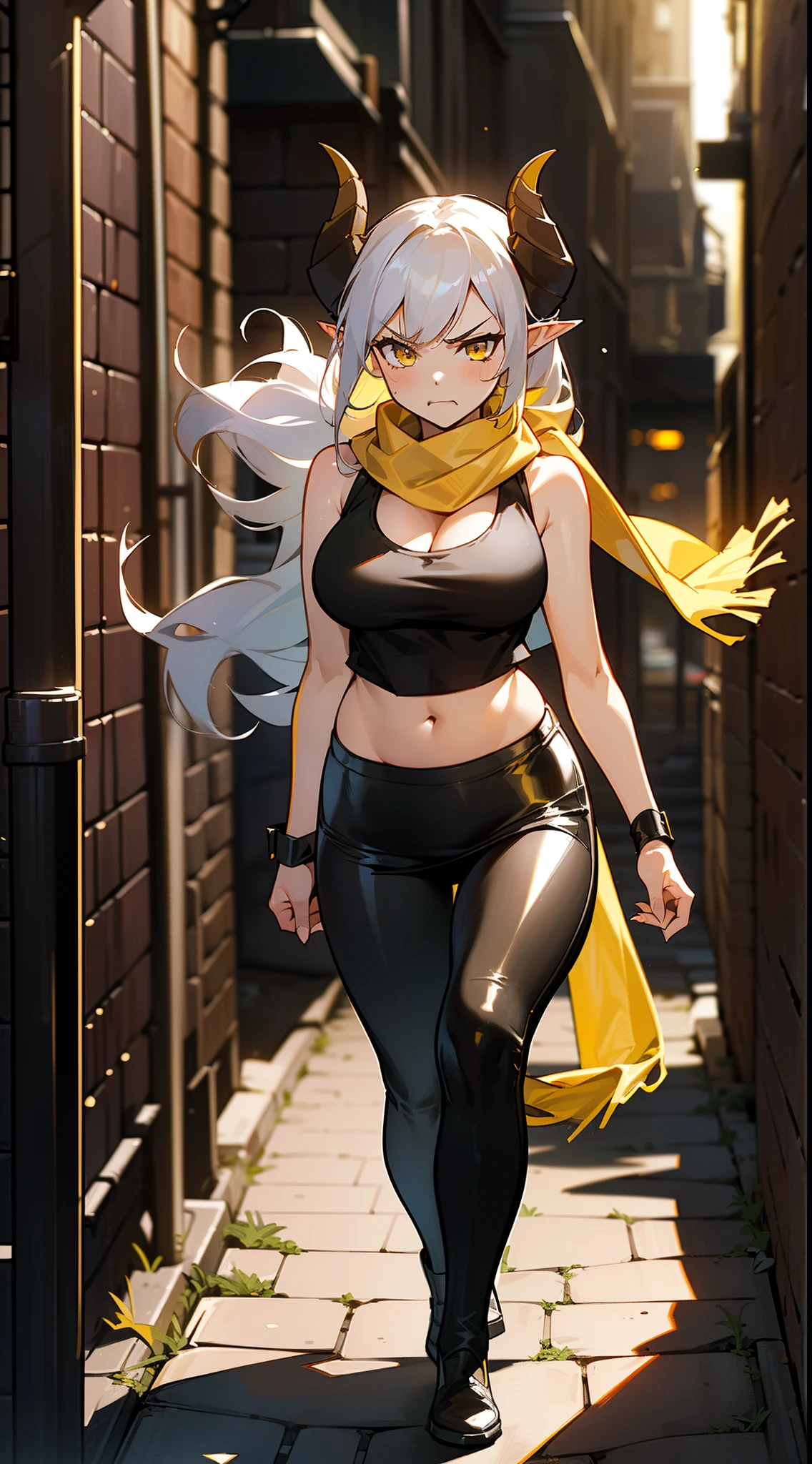 1girl,20s,mature female,long hair, white hair,curly hair,yellow eyes,(angry face), medium breasts,show belly,cleavage,horns,elf ears,((yellow scarf)),(((walking in an alley of a city at night,night))),cowboy shot,from front,(black tank top,black pencil skirt,black leather pants),