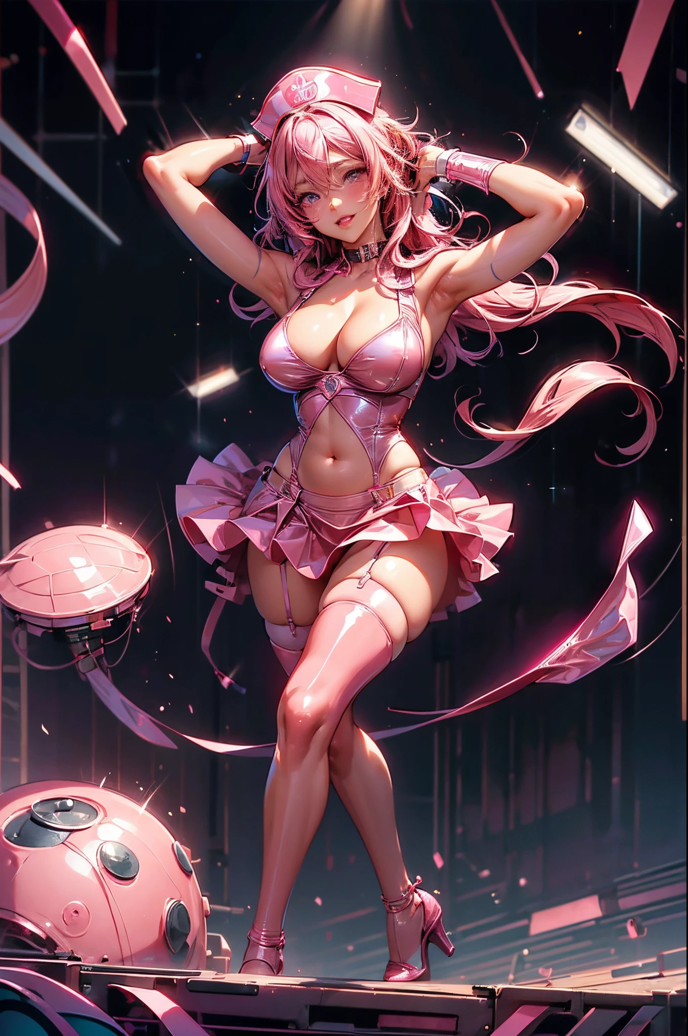 anime girl in shiny pink latex tube dress posing for camera, showing lots of skin, seductive anime girl, beautiful woman, excited and blushing, detailed face, (nurse hat), long pink hair, looking down at camera, 8k, very detailed, (visible string thong), cleavage, (long pink latex gloves), pink latex stockings, garters, strip club background, dark, spotlight on girl, on stage, upskirt camera shot, (hands behind head, armpits exposed, one leg up, visible thong), collar, open chest, tits prominent, bellybutton, high heels, giant tits, exposed hips