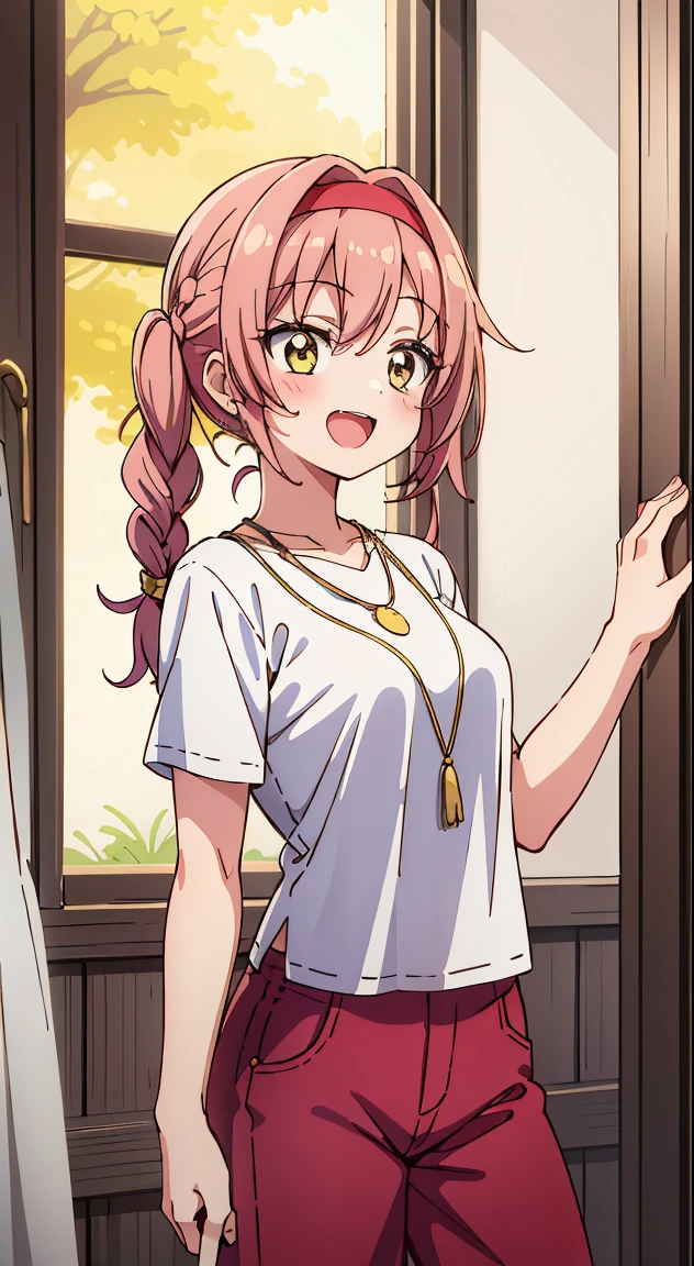 (masutepiece, Best Quality, Perfect Anatomy, High quality:1.4), nice hand, Perfect hands, Detailed beautiful hands, Large_filesize, fulcolor, hight resolution, symmetric, exceptional, Best aesthetic, newest, Anime, very beautiful detailed body,The hair,faces,The eye, , BREAK,
1 beautiful girl, Solo,(Cute:1.5),(Chibi:0.8), (kawaii:1.5),(Lori:0.5), BREAK, (girl, Cute, Cheerful, Loli face, medium breasts:1.2),(Pink hair,disheveled short twin tails,tareme,Gold eyes:1.2),gleaming skin,Clear skin, cleavage of the breast,Beautiful , gleaming skin,Clear skin, Beautiful skin,( A smile:1.5),(best quality face),(Top quality glowing eyes), (The best smile,Doya face:1.45), BREAK,
girl, black eyelashless hair), (red hairband, Braid hair), (Mushrooms on the head),
Break HA,
(light yellow blouse:1.2), (wide pants skirt, red pants skirt:1.2), blue pendant necklace, (Flat color),
BREAK,(morning), inside in room,A room in a dilapidated apartment,Tatami mats,window,Chabudai,unit bath door,entranceway,scattered diapers,naked girl poster,coke,on back, tusk, Open mouth, Looking away,depth of fields,
BREAK,wakame,wakame,wakame,(Cowboy Shot:1.4),
BREAK,(Blurry background:1.3),(absurderes, hight resolution, Super Detail Art),cel shading,Clear Color, Lonely optical effect, Beautiful pictures, Bright glow, mystic atmosphere,(Close-up of girl:1.1), Mystical light particle effect,manga influence, clean line drawings,