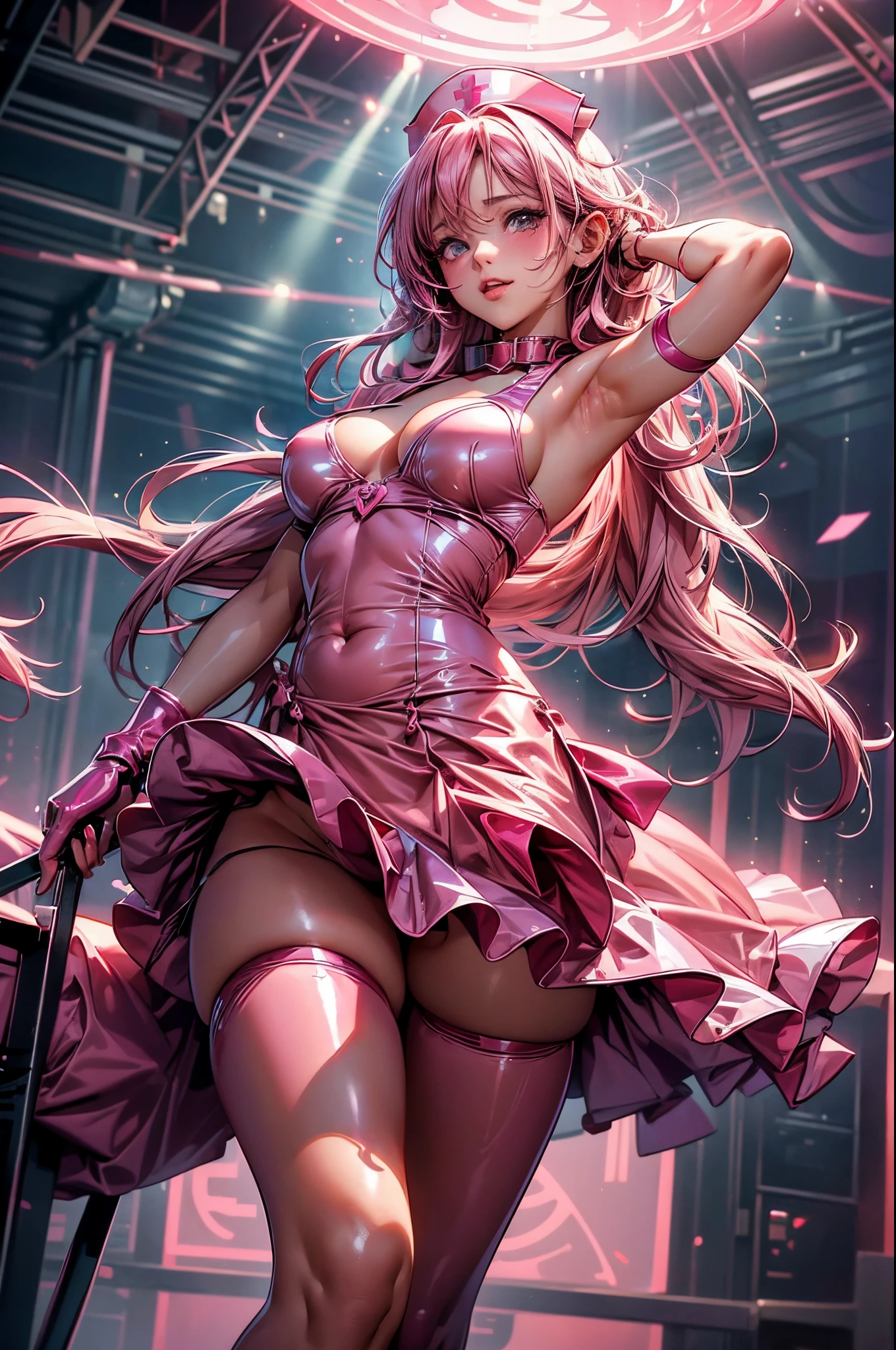 anime girl in shiny pink latex tube dress posing for camera, showing lots of skin, seductive anime girl, beautiful woman, excited and blushing, detailed face, (nurse hat), long pink hair, looking down at camera, 8k, very detailed, (visible string thong), cleavage, (long pink latex gloves), pink latex stockings, garters, strip club background, dark, spotlight on girl, on stage, upskirt camera shot, (hands behind head, armpits exposed, one leg up, visible thong), collar, open chest, tits prominent, bellybutton, high heels, giant tits, exposed hips