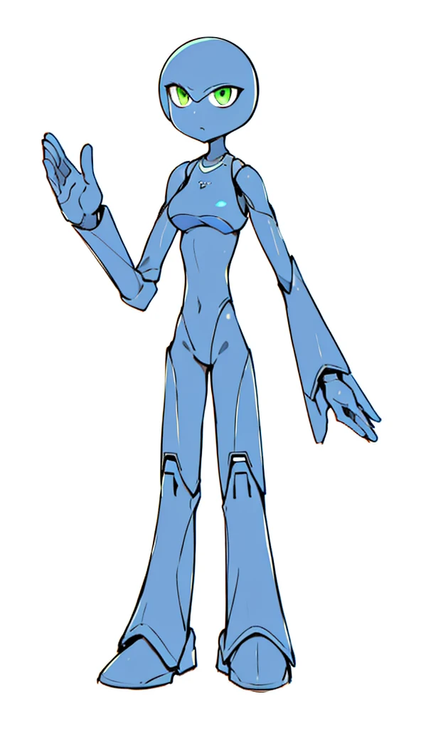 (masterpiece), best quality, a cartoon alien with green eyes and a blue body, elongated arms, elongated figure, neutral pose, humanoid form, humanoid shape, zoomed out full body, arms extended, distant full body view, full entire body fun pose, 5 fingers). full body, fully body pose, full body pose, serpentine pose gesture, green eyes, boob