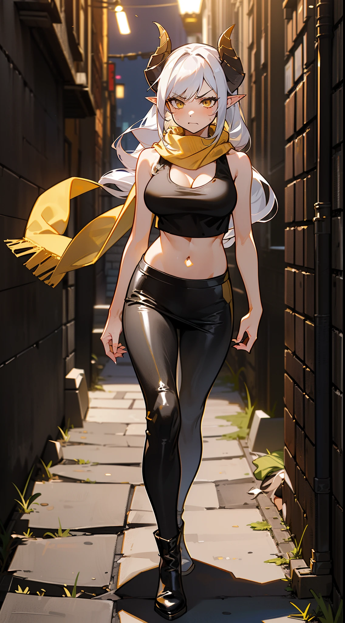 1girl,20s,mature female,long hair, white hair,curly hair,yellow eyes,(angry face), medium breasts,show belly,cleavage,horns,elf ears,((yellow scarf)),(((walking in an alley of a city at night,night))),cowboy shot,from front,(black tank top,black pencil skirt,black leather pants),