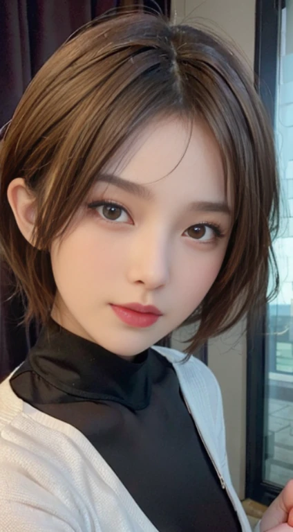 (masseter membrane:1.3)、(8K、真实感、Original photography、quality: 1.4)、(1 Sister)、Nice face、(lifelike face)、(A brunette one、Short hair details:1.3)、Beautiful hairstyle、Real eyes beautiful details、（real looking skin）、Beautiful skins、（Sweaters）,'s、超高分辨率、Surreal、high detal、the golden ratio,