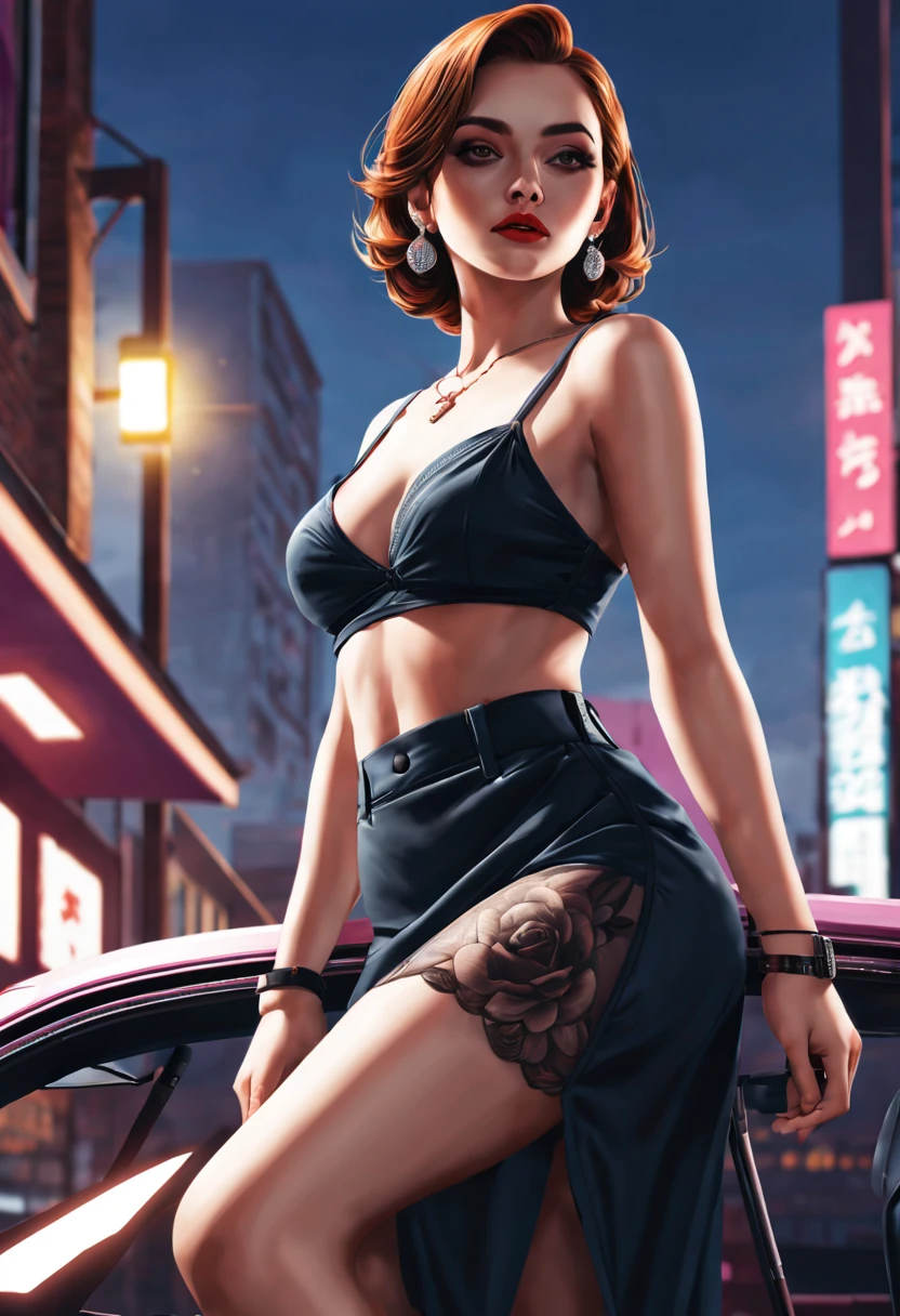 GTA style,heroines,Stylish accessories,dangerous weapons,The Car,the city street,shadows and highlights,hight contrast,crime and danger、Tension and suspense、avant-garde and ralowing reflections、glomy、(retro artstyle),evocative composition,(extremely detaild的 CG unified 8k wallpapers),(tmasterpiece), (Best quality at best), (ultra - detailed), (Most Best Illustration),(The best shadow), (Sharp eyeliner, eye shadows),(rose tattoo)。