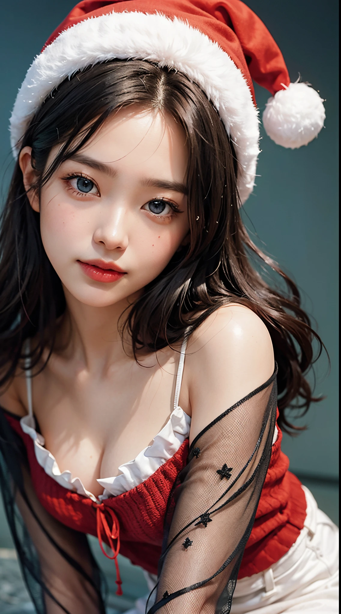 Beautie、8K、An ultra-high picture quality、japanes、1 woman around 20 years old、Black hair、short-cut、blue eyes beautiful face、A detailed face、Detailed eyes、realisticeyes、Detailed skin、realskin、Detailed hair strands、dishevled hair、disheveled hair、Slim body、Beautiful body、Nice style、middlebreasts、Soft looking、Christmas color knit hat、inclined plane、((Hollow smile))、santa costume、