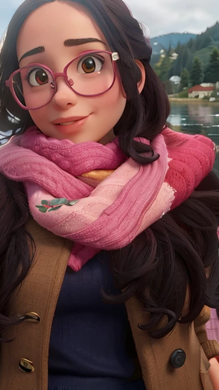 plump woman wearing glasses and a pink scarf in front of a lake, estilo de cor rosa e vermelho, red scarf, cores rosa e vermelho, wearing a scarf, detalhes rosa e rosa, echarpe, close up tiro de meio corpo, pink lips, echarpe!, printed scarf, by Gina Pellón, tons de rosa, vibrant aesthetic, tons de rosa