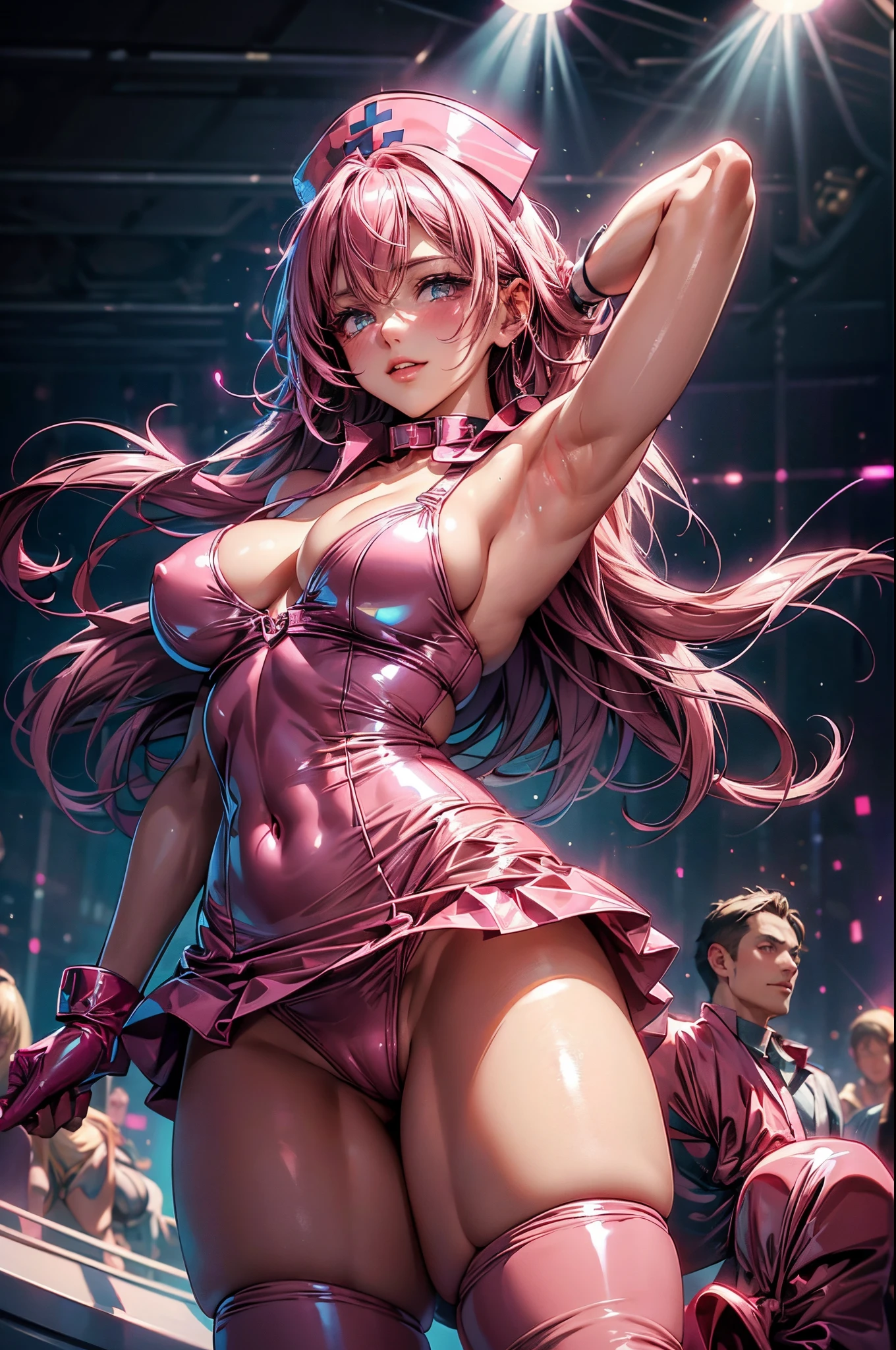 anime girl in shiny pink latex tube dress posing for camera, showing lots of skin, seductive anime girl, beautiful woman, excited and blushing, detailed face, (nurse hat), long pink hair, looking down at camera, 8k, very detailed, (visible string thong), cleavage, (long pink latex gloves), pink latex stockings, garters, strip club background, dark, spotlight on girl, on stage, upskirt camera shot, (hands behind head, armpits exposed, one leg up, visible thong), collar, open chest, tits prominent, bellybutton, high heels