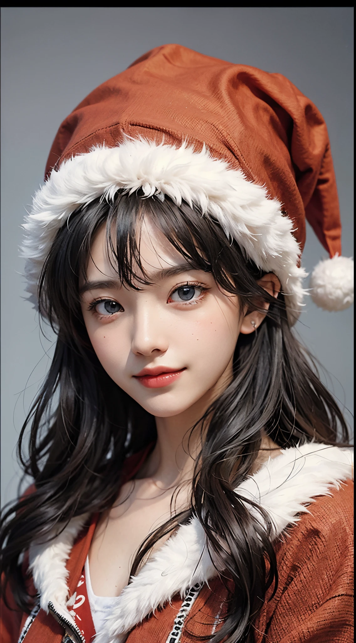Beautie、8K、An ultra-high picture quality、japanes、1 woman around 20 years old、Black hair、short-cut、blue eyes beautiful face、A detailed face、Detailed eyes、realisticeyes、Detailed skin、realskin、Detailed hair strands、dishevled hair、disheveled hair、Slim body、Beautiful body、Nice style、middlebreasts、Soft looking、Christmas color knit hat、inclined plane、((Hollow smile))、santa costume、