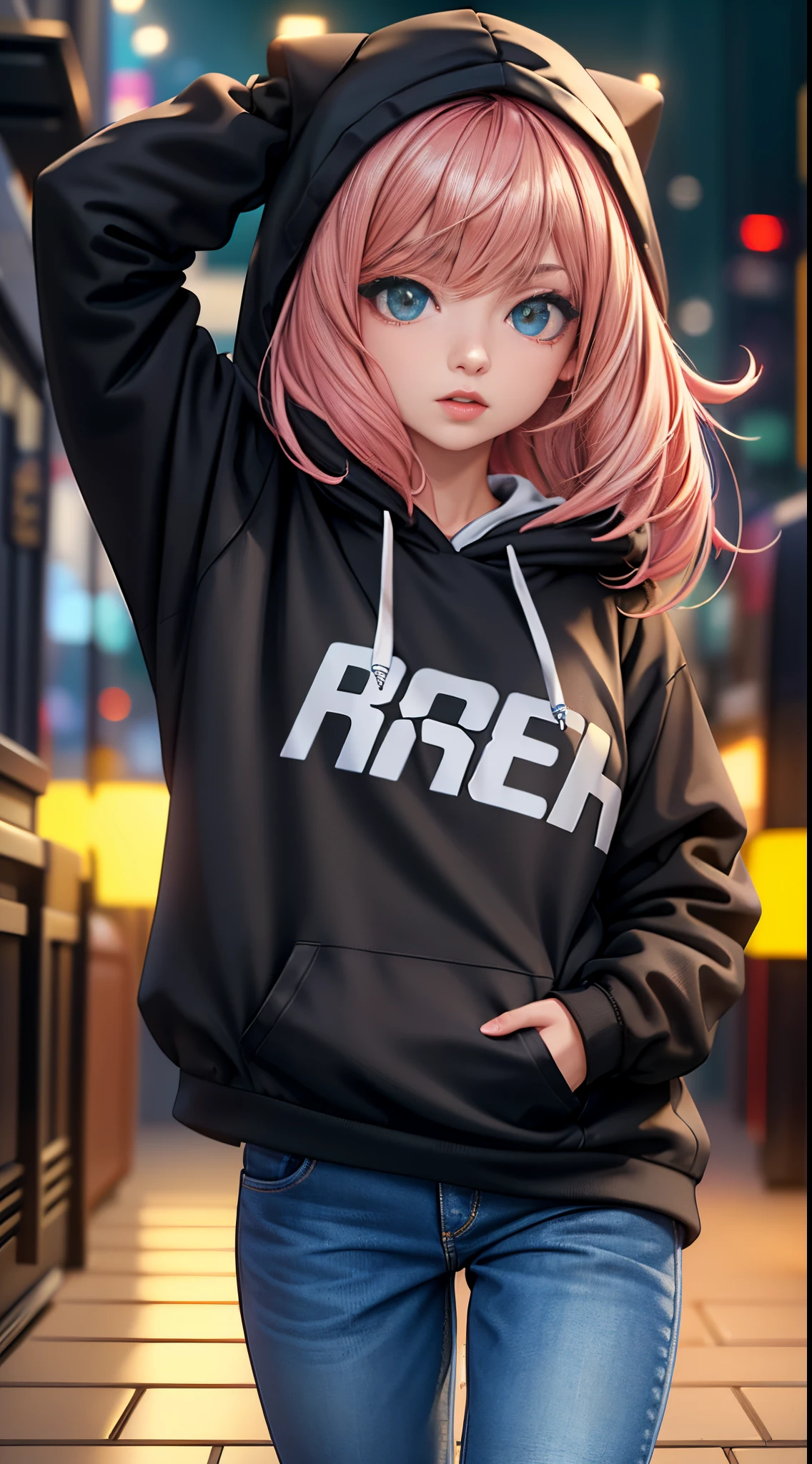 Masterpiece, (best quality,highreull body shot, Anya forger, wearing Streetwear Hoodie, black jeans, detailed eyes, detailed lips, hair texture, soft background, vivid colors, dinamic lighting, bokeh