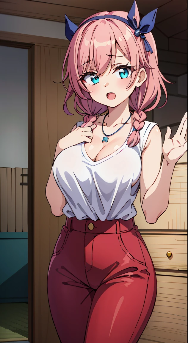 (masutepiece, Best Quality, Perfect Anatomy, High quality:1.4), nice hand, Perfect hands, Detailed beautiful hands, Large_filesize, fulcolor, hight resolution, symmetric, exceptional, Best aesthetic, newest, Anime, very beautiful detailed body,The hair,faces,The eye, , BREAK,
1 beautiful girl, ( girl),Solo,(Cute:1.5),(Chibi:0.6),(kawaii:1.5),(Lori:0.5),BREAK,(17 years oldautiful girl,Very detailed,colourfull,highest details,Clear skin,Beautiful skin,Shy,Very detailed,colourfull,highest details,BREAK,Clear skin,Beautiful skin,Shy skin,BREAK,{Heterochromia,blue eyess,verd s eyes,PUPILS SPARKLING:1.5},star eye silhouette,BREAK,(Pink hair, Medium length:1.4),(Twin braids,A little curly hair,Princess Cut, crossed bangs:1.3),(Big breasts,Beautiful breasts,Large breasts:1.5),(long eyelashes, Double eyelids:1.2),Solo,gleaming skin, Clear skin, Beautiful skin,(best quality face),(Top quality glowing eyes), (The best smile,Doya face:1.45), BREAK,
girl, black eyelashless hair), (red hairband, Braid hair), (Mushrooms on the head),
Break HA,
(light yellow blouse:1.2), (wide pants skirt, red pants skirt:1.2), blue pendant necklace, (Flat color),
BREAK,(morning), inside in room,A room in a dilapidated apartment,Tatami mats,window,Chabudai,unit bath door,entranceway,scattered diapers,naked girl poster,coke,on back, tusk, Open mouth, Looking away,depth of fields,
BREAK,wakame,wakame,wakame,(Cowboy Shot:1.4),
BREAK,(Blurry background:1.3),(absurderes, hight resolution, Super Detail Art),cel shading,Clear Color, Lonely optical effect, Beautiful pictures, Bright glow, mystic atmosphere,(Close-up of girl:1.1), Mystical light particle effect,manga influence, clean line drawings,