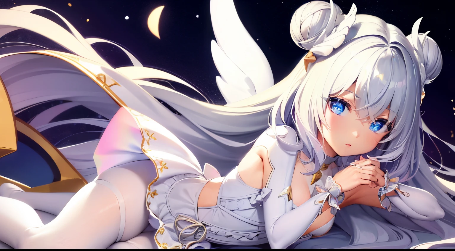 le malin holding a flower in garden, sun shining, better hands, detailed hands, eyes,symbol-shaped pupils, detailed face, white _dress, solo, double bun, blue eyes, very long hair, hair bun, angel_wings, white_legwear, bright at night, volumetric lighting, flat lighting, photo, oil painting, beautiful, extremely detailed, HD, 1girl, small breasts, solo,double bun,bow,white hair, long hair,sidelocks,blue hair ribbon,ribbon,long sleeves, white dress,pleated dress,thighband pantyhose,
