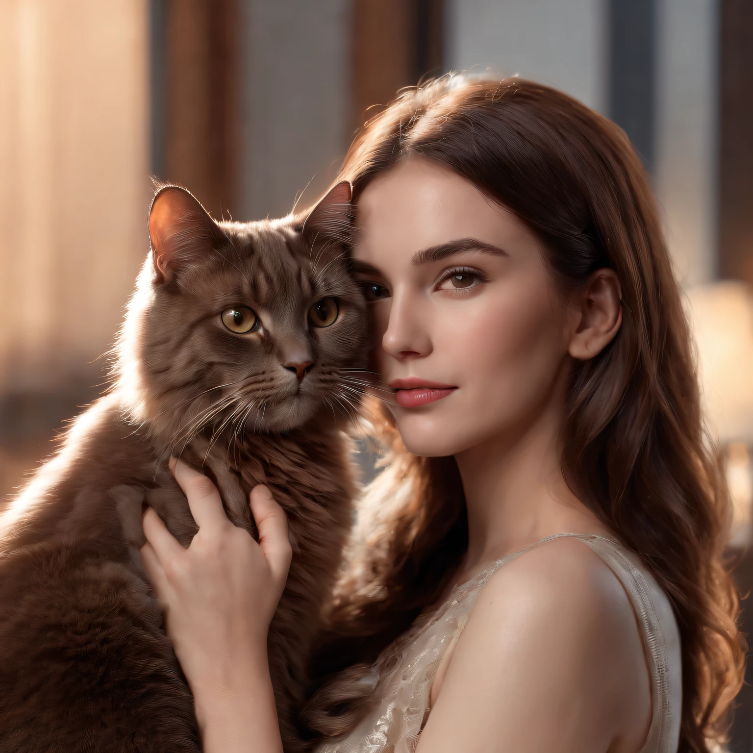 a hazel eyed cat protecting a beautiful brunette woman staring straight at camera snuggling cheeks (masterpiece: 1.5) (photorealistic: 1.1) (bokeh) (best quality) (detailed skin texture pores hair: 1.1) (intricate) (8k) (HDR) (wallpaper) (cinematic lighting) (sharp focus )