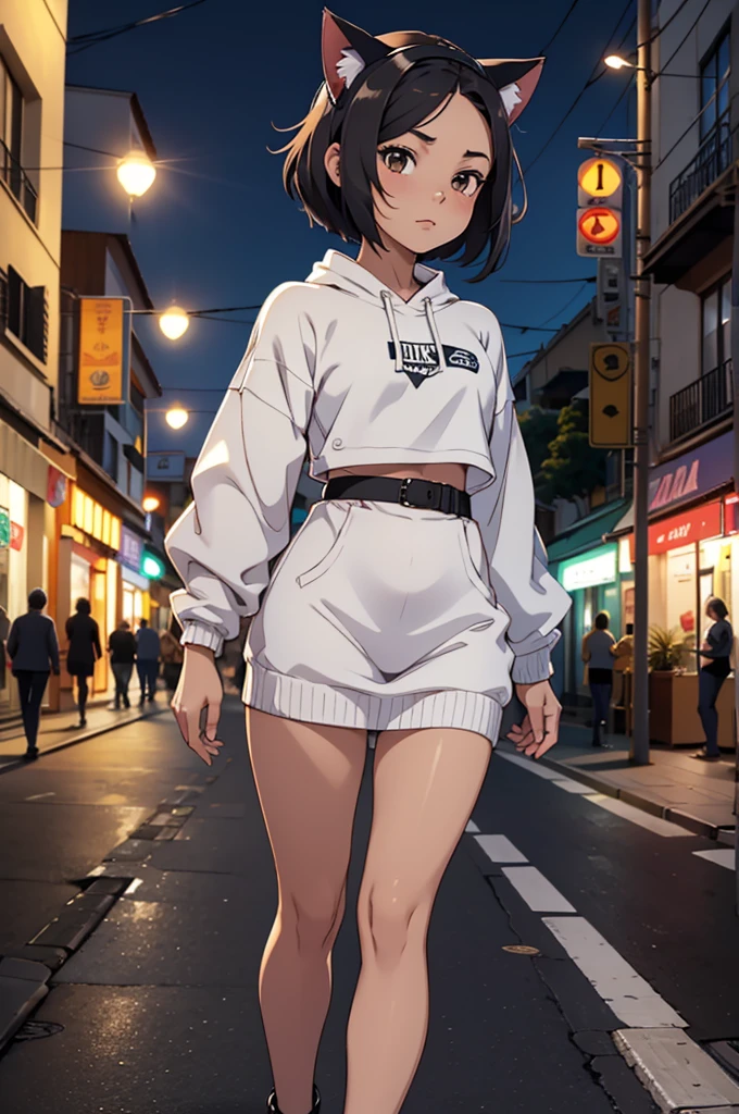 foto de corpo inteiro, todo o corpo , cat ears on the head of a beautiful young woman with short hair , tomboy usando saia curta, usando meias preta longas e sueter branco apertado, cidade a noite com estrelas, cabelos curtos morena, um pouco musculosa, mini saia curta, salto alto preto caminhando na rua
