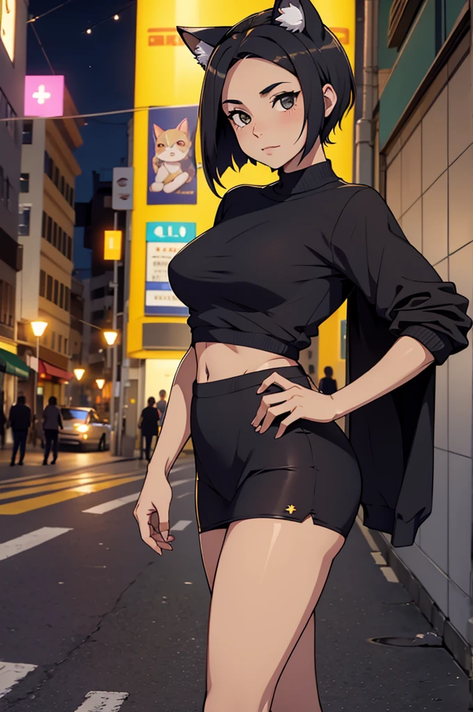 foto de corpo inteiro, todo o corpo , cat ears on the head of a beautiful young woman with short hair , tomboy usando saia curta, usando meias preta longas e sueter branco apertado, cidade a noite com estrelas, cabelos curtos morena, um pouco musculosa, mini saia curta, salto alto preto caminhando na rua