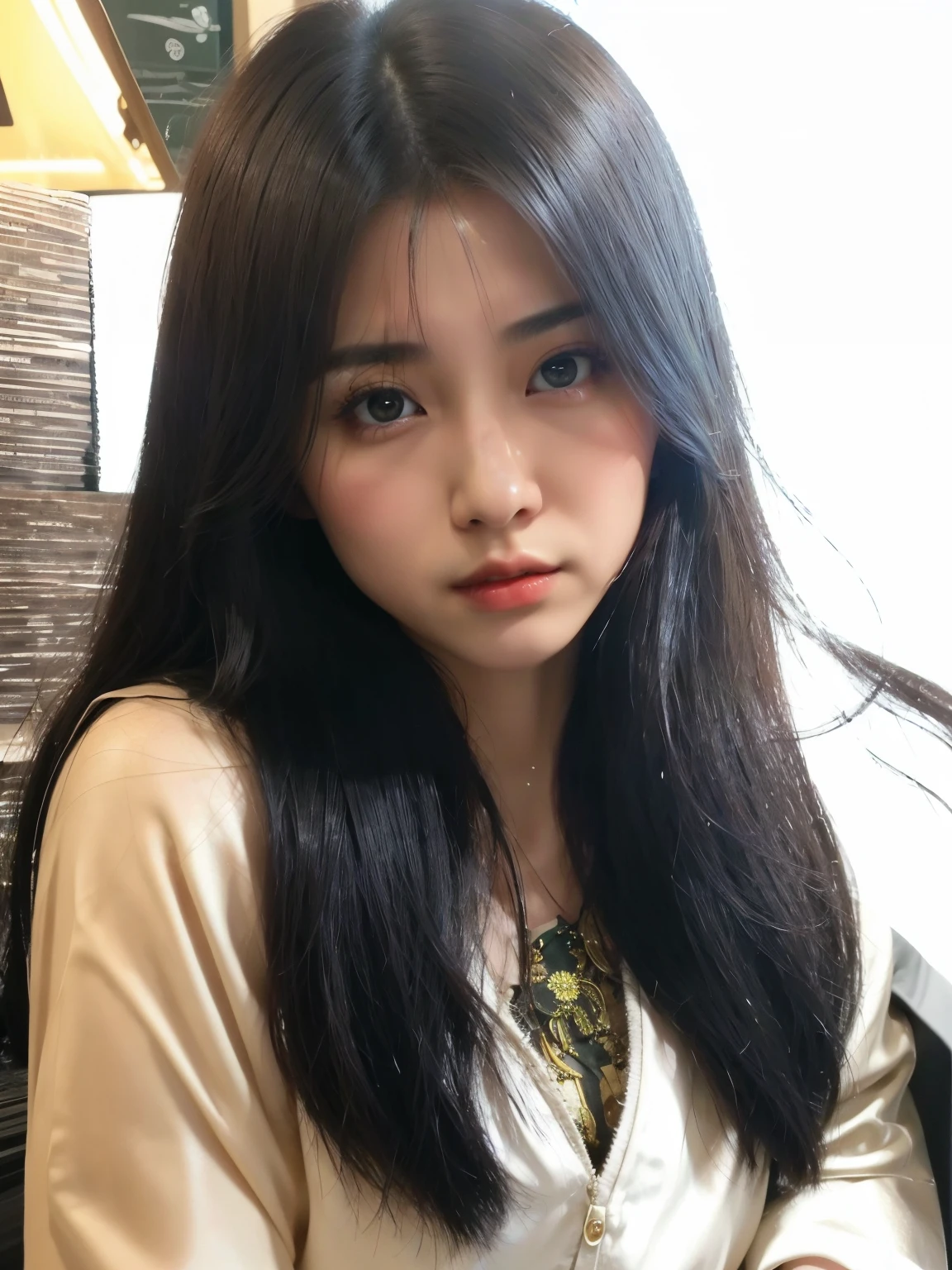 There was a woman sitting at the table,Holding a plate of food in his hand, wenfei ye, Cui Xianhua, Xintongling, Korean girls, Xision Wu, a young asian woman, Nam Jae-yeon, gongbi, Young cute asian face, chengyou liu, young asian girl, qifeng lin, Asian girl with long hair